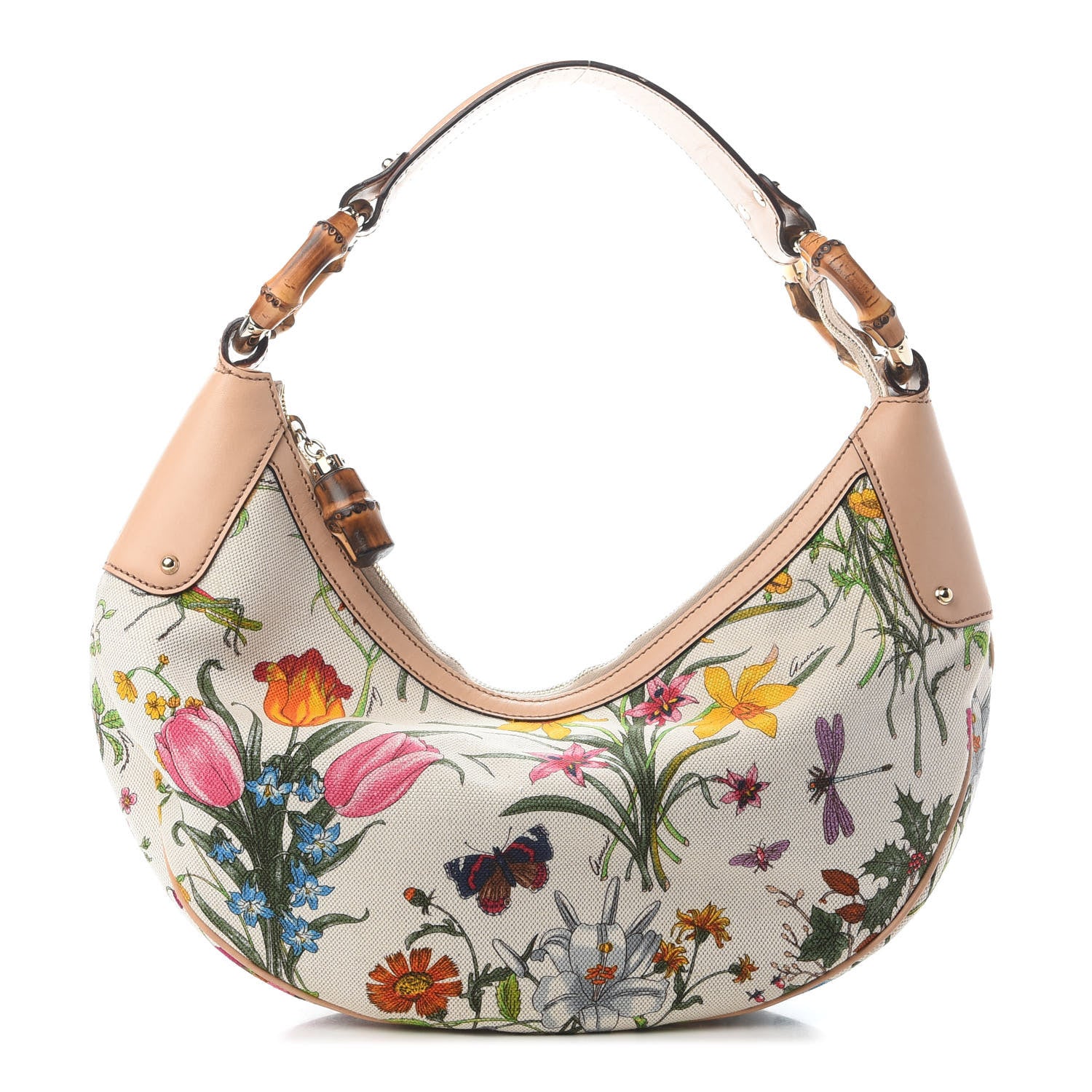 Gucci Canvas Floral Flora Bamboo Ring Hobo White 1 of 11