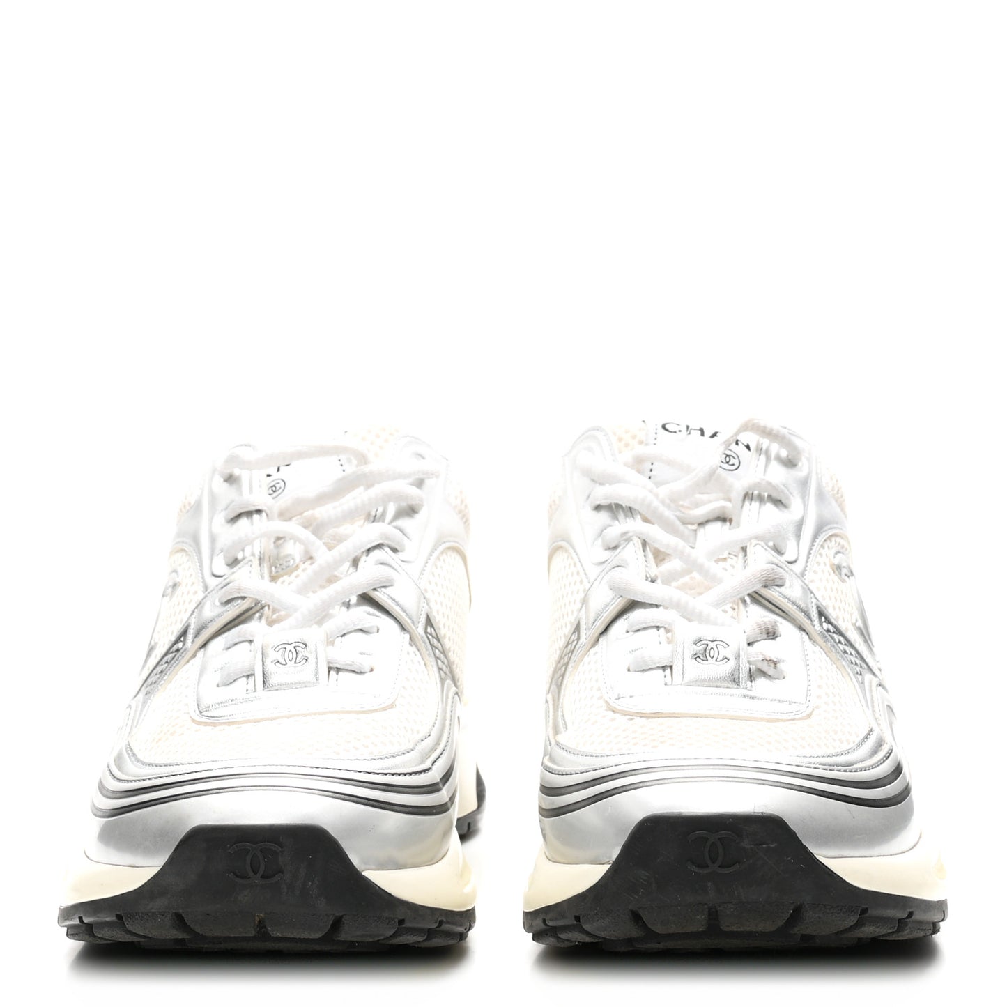 Fabric Laminated Calfskin Stretch CC Womens Sneakers 39 White Silver