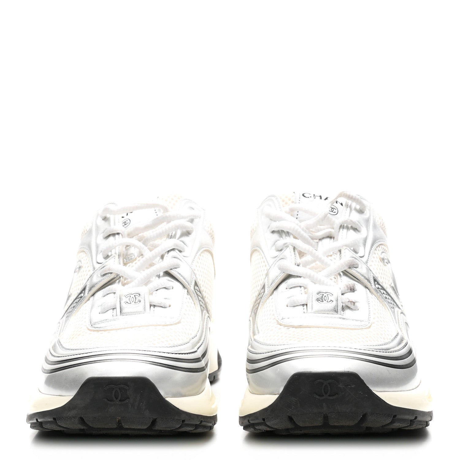 Chanel Fabric Laminated Calfskin Stretch CC Womens Sneakers 39 White Silver 3 of 9