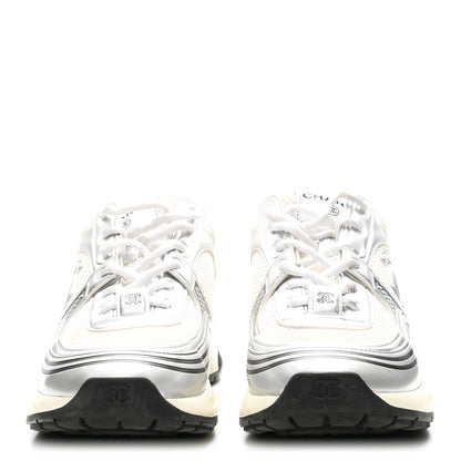 Chanel Fabric Laminated Calfskin Stretch CC Womens Sneakers 39 White Silver 3 of 9