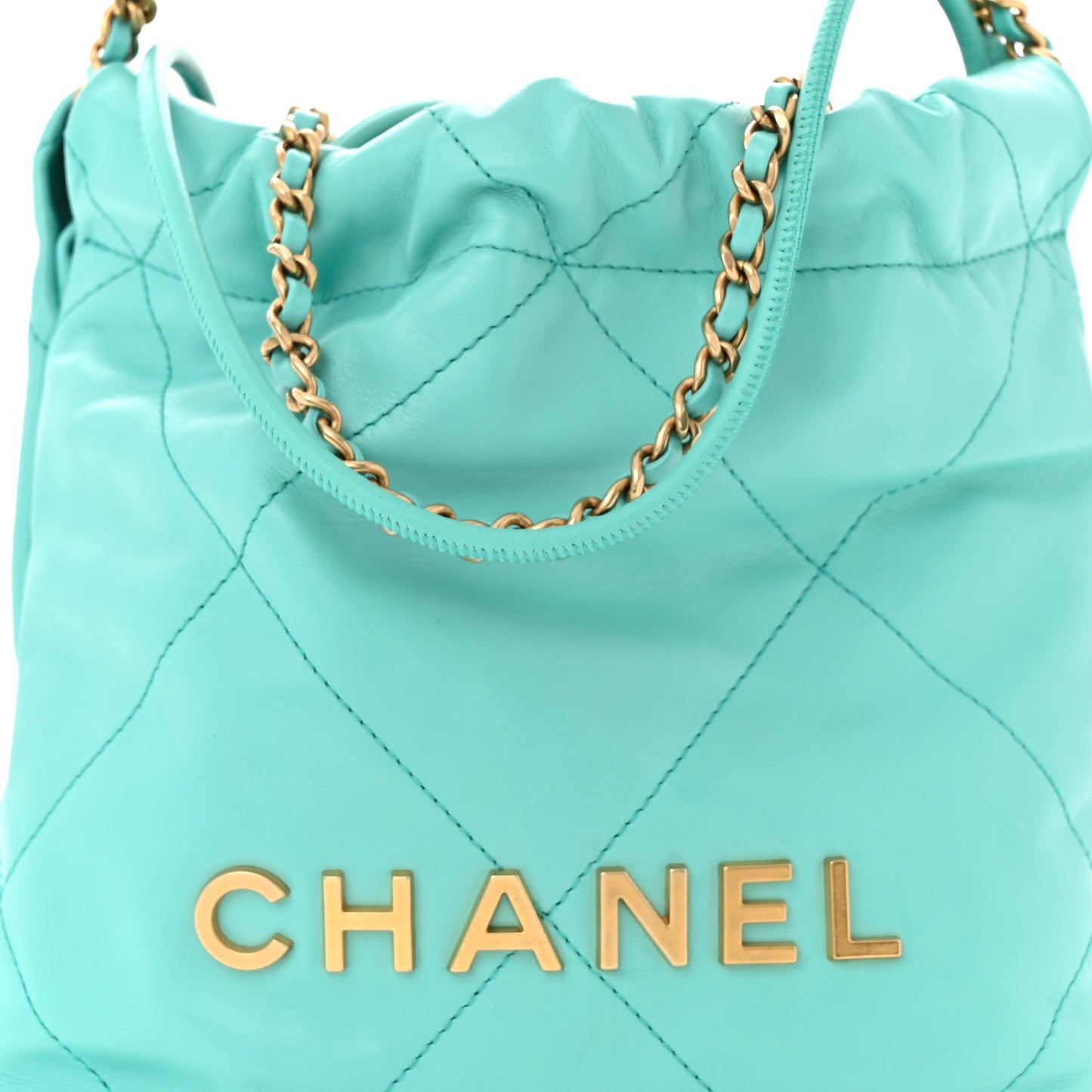 Shiny Calfskin Quilted Mini Chanel 22 Turquoise