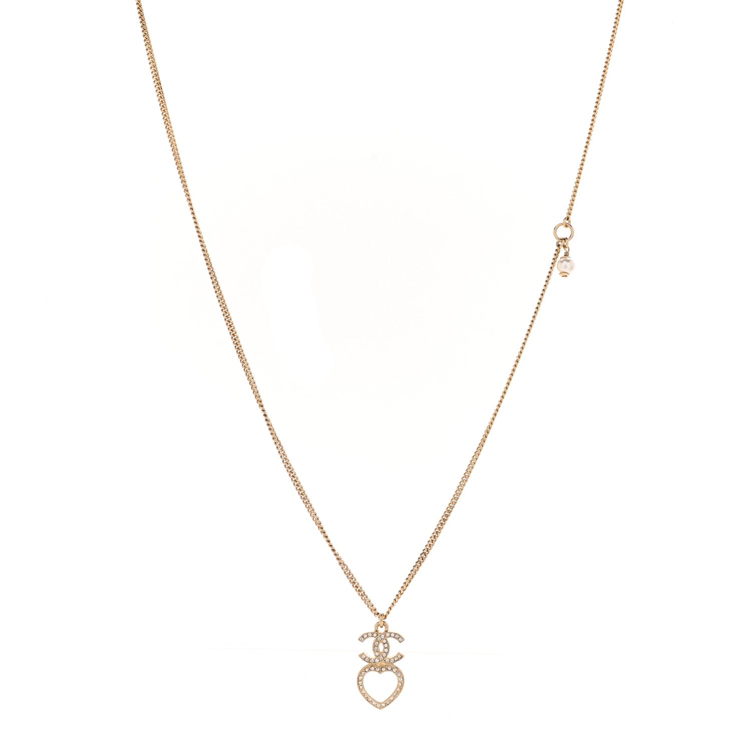 Chanel Crystal Pearl CC Heart Drop Chain Necklace Gold 1 of 7
