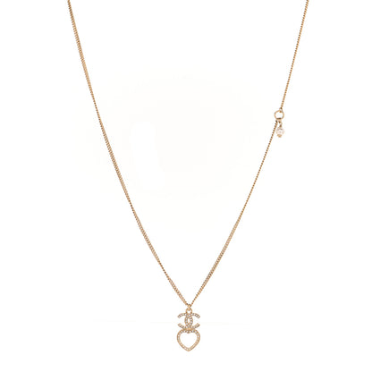 Chanel Crystal Pearl CC Heart Drop Chain Necklace Gold 1 of 7