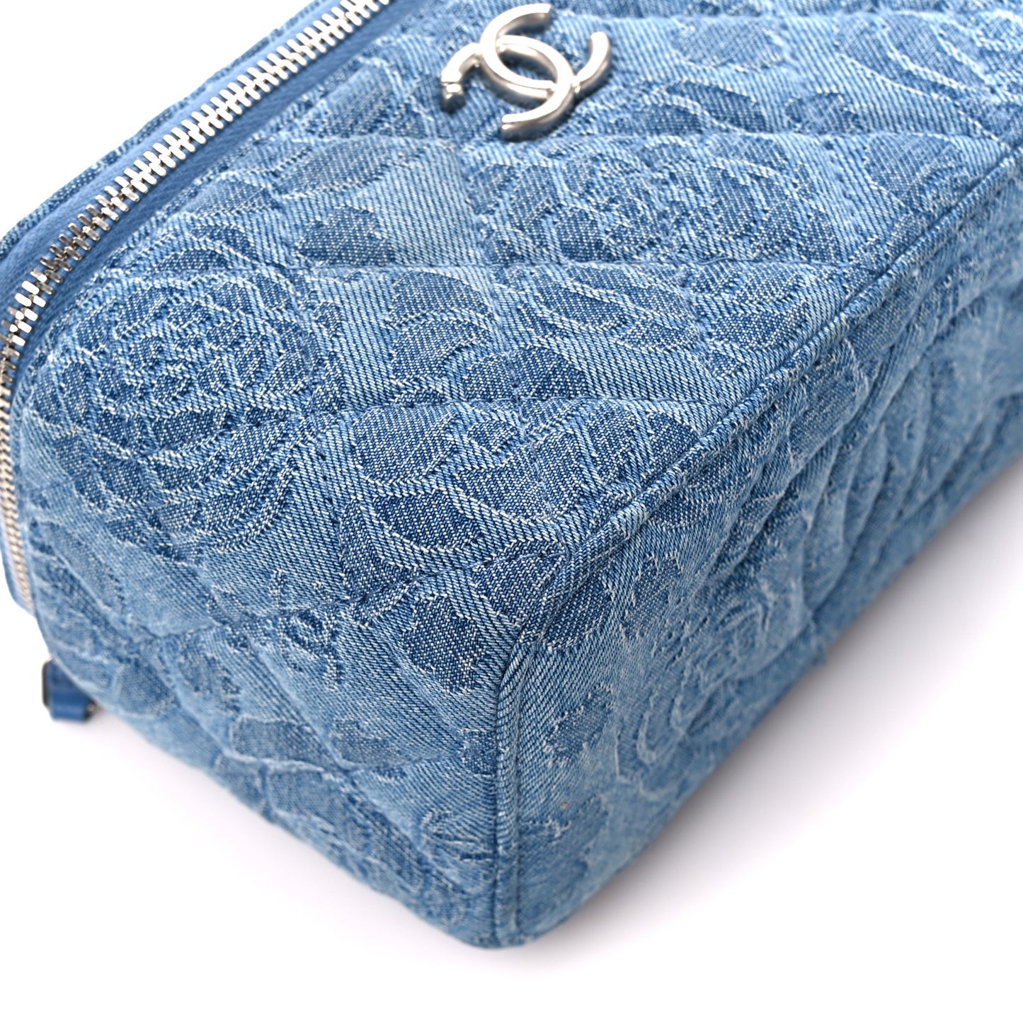 Denim Quilted Sweetheart Small Vanity Case With Chain Blue