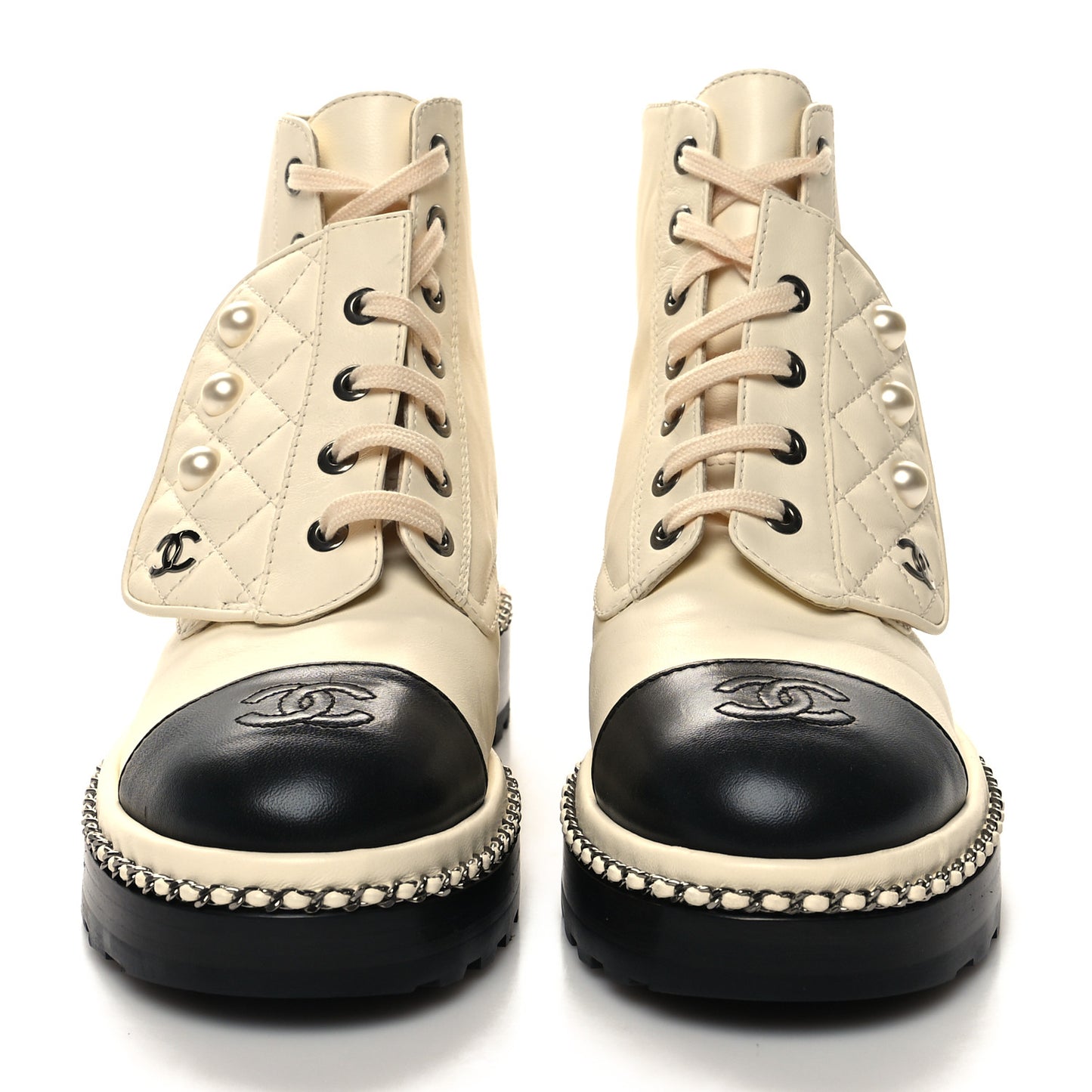 Lambskin Pearl Combat Short Boots 35.5 Ivory Black
