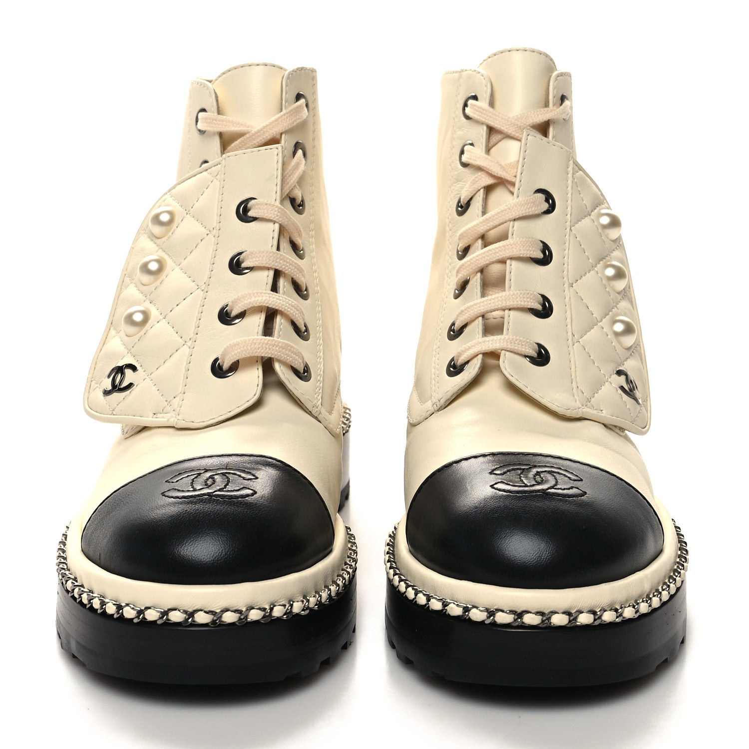 Chanel Lambskin Pearl Combat Short Boots 35.5 Ivory Black 2 of 9