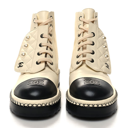 Chanel Lambskin Pearl Combat Short Boots 35.5 Ivory Black 2 of 9