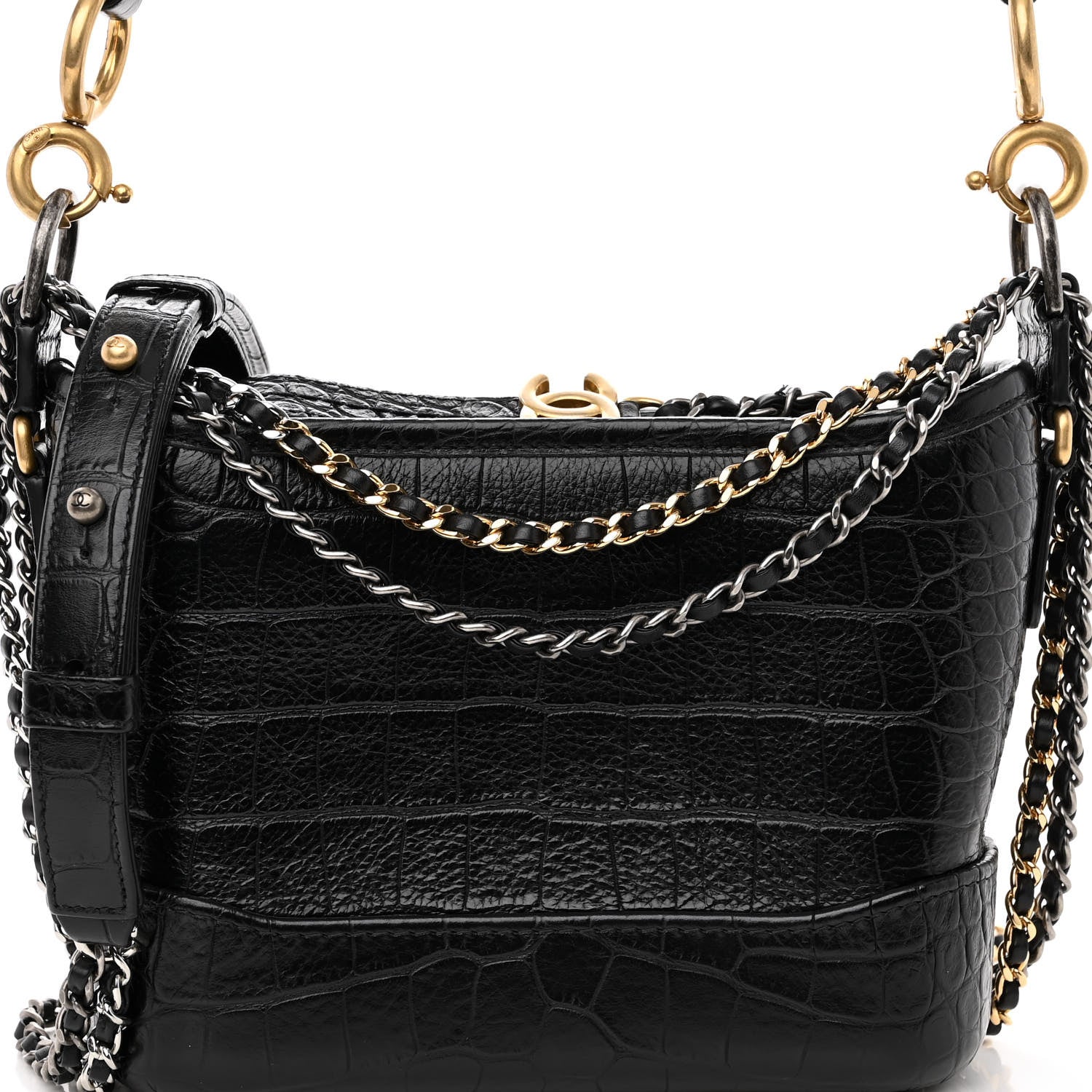 Chanel Calfskin Crocodile Embossed Small Gabrielle Cocodile Hobo Black 8 of 10