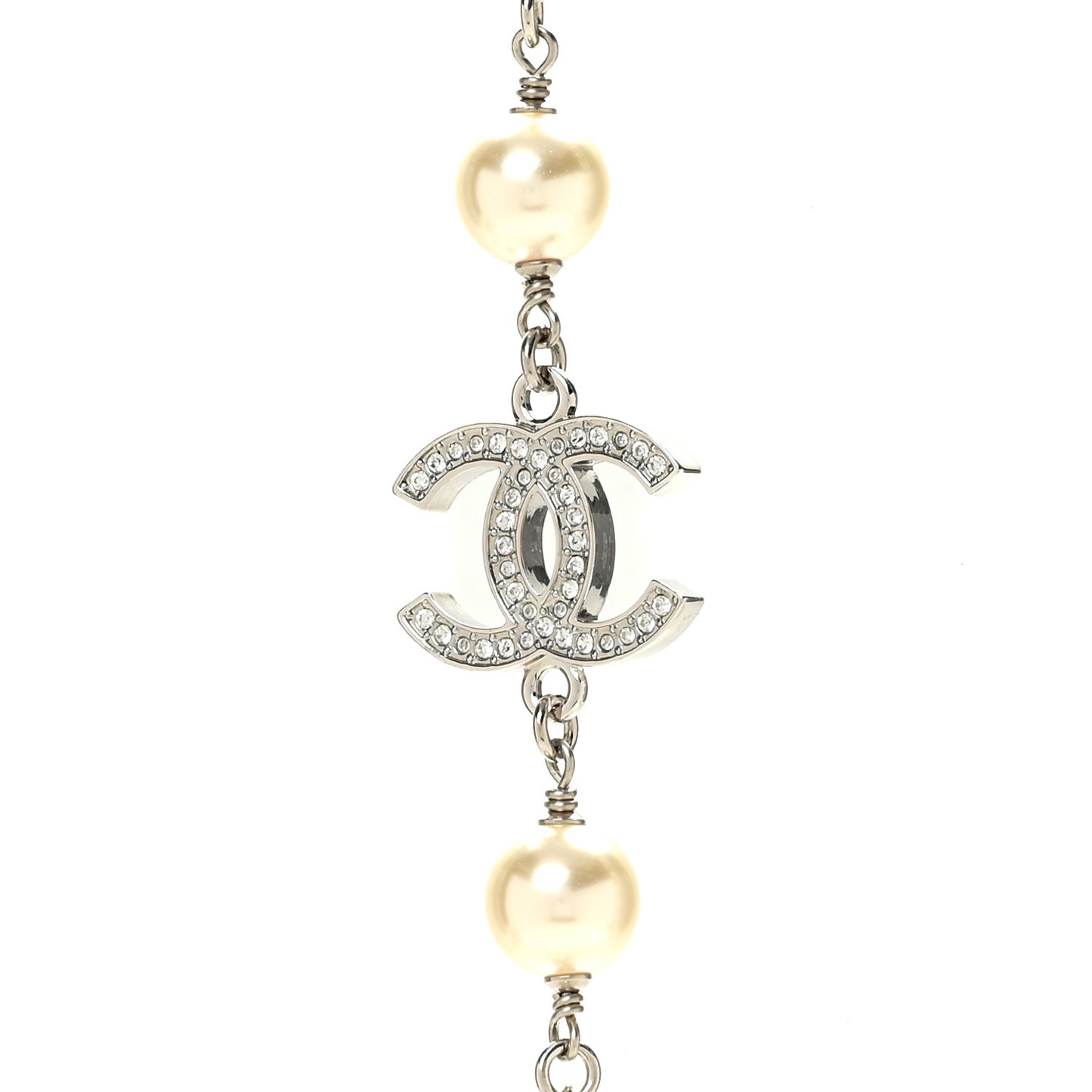 Graduated Pearl Crystal CC Long Necklace Silver
