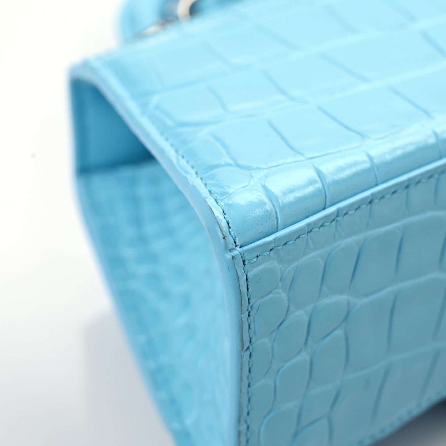 Shiny Calfskin Crocodile Embossed Hourglass Top Handle Bag XS Azur