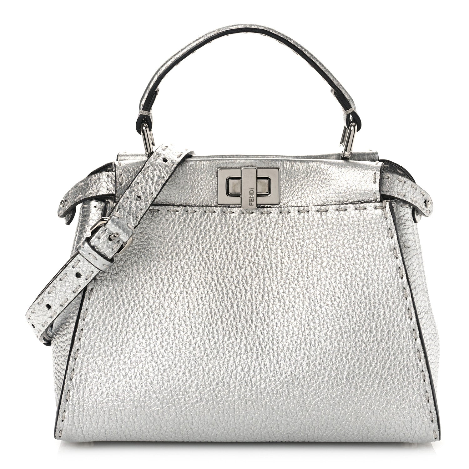 Fendi Cuoio Romano Lux Selleria Mini Peekaboo Iconic Satchel Argento 1 of 9