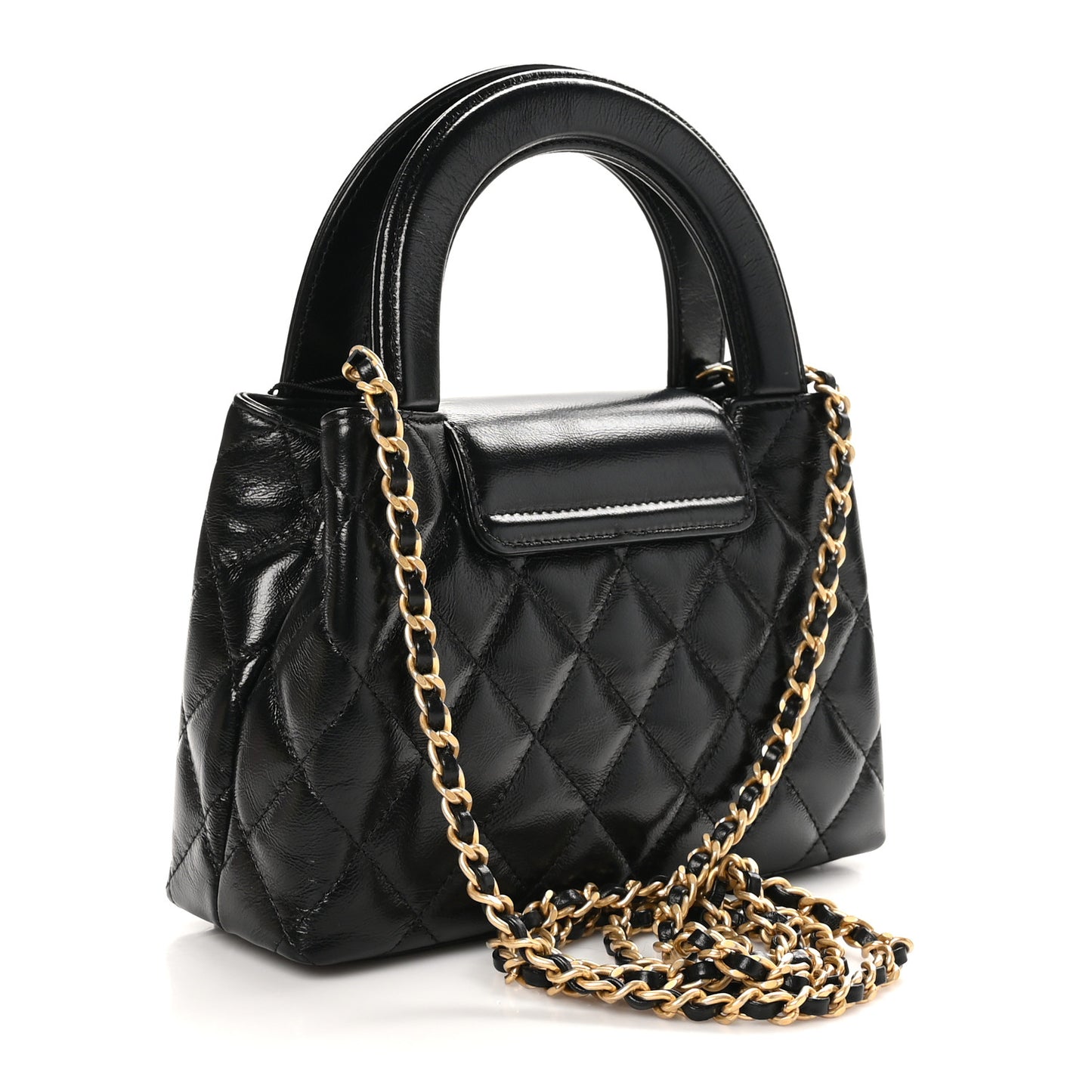 Shiny Aged Calfskin Quilted Nano Kelly Shopper Black