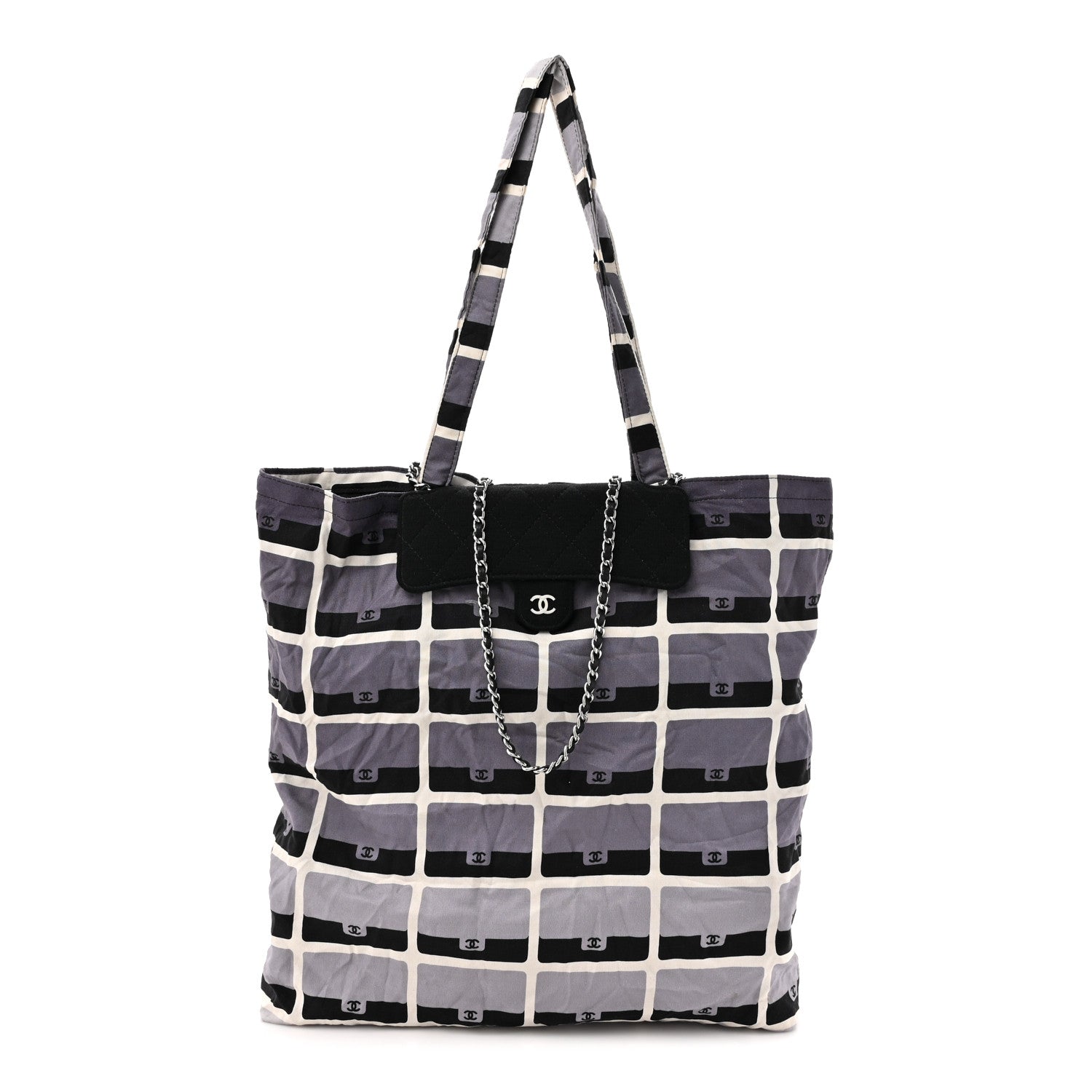 Chanel Jersey Fabric Quilted Foldable Tote With Chain Black Multicolor 3 of 18