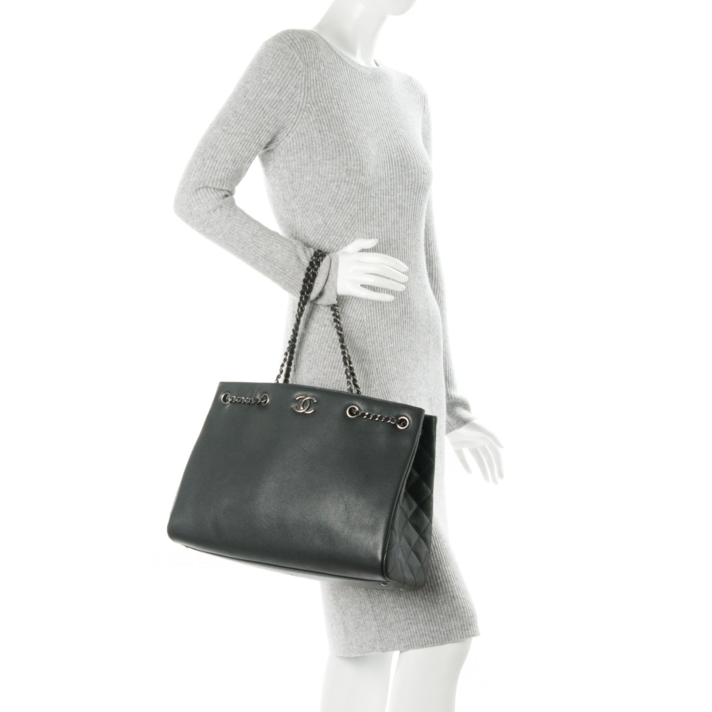 Grained Calfskin Large Shopping Tote Black