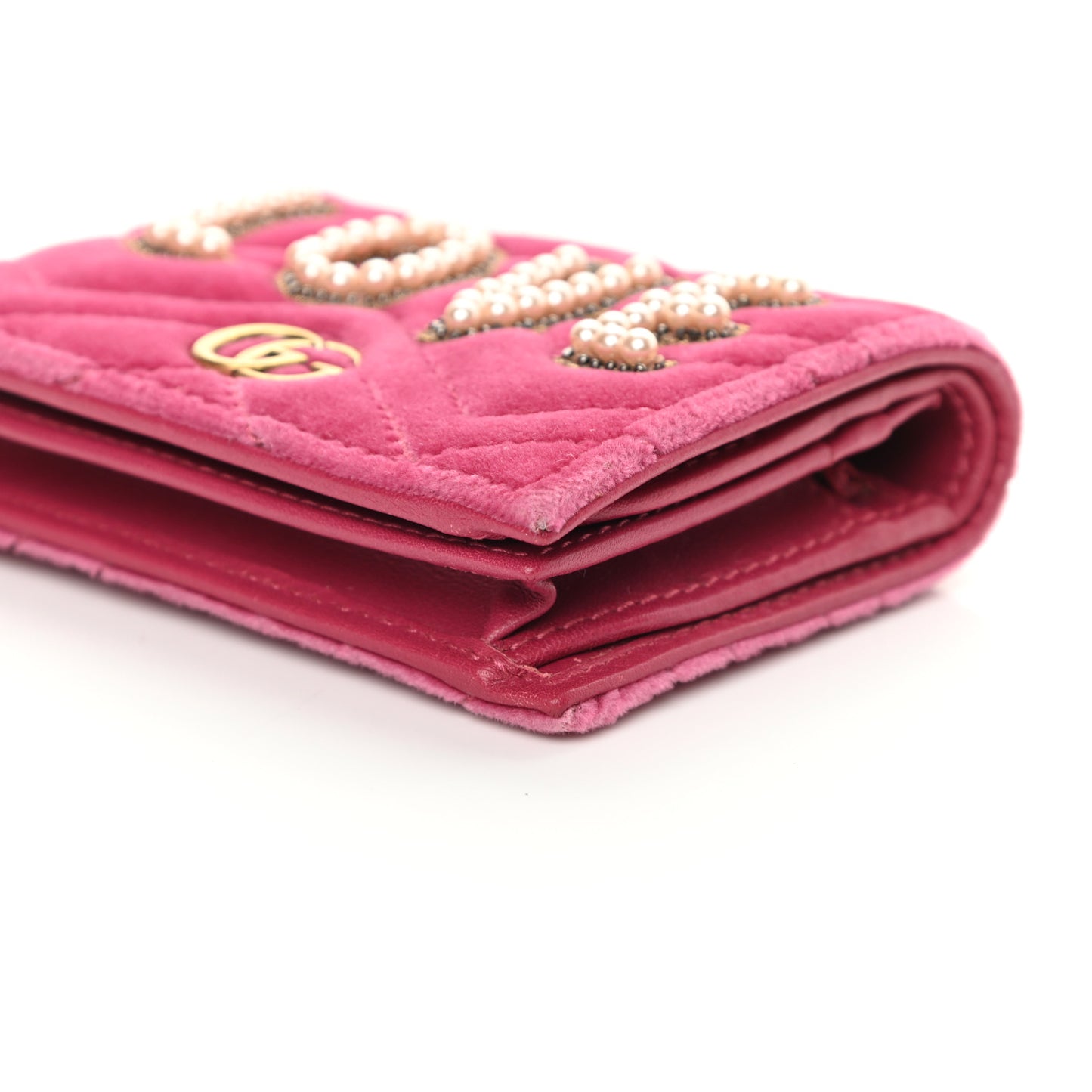 Velvet Matelasse Pearl Love Embroidered GG Marmont Card Case Wallet Light Raspberry Rose