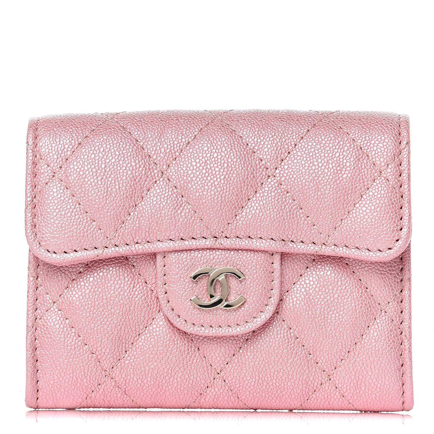 Iridescent Caviar Flap Quilted Card Holder Wallet Pink