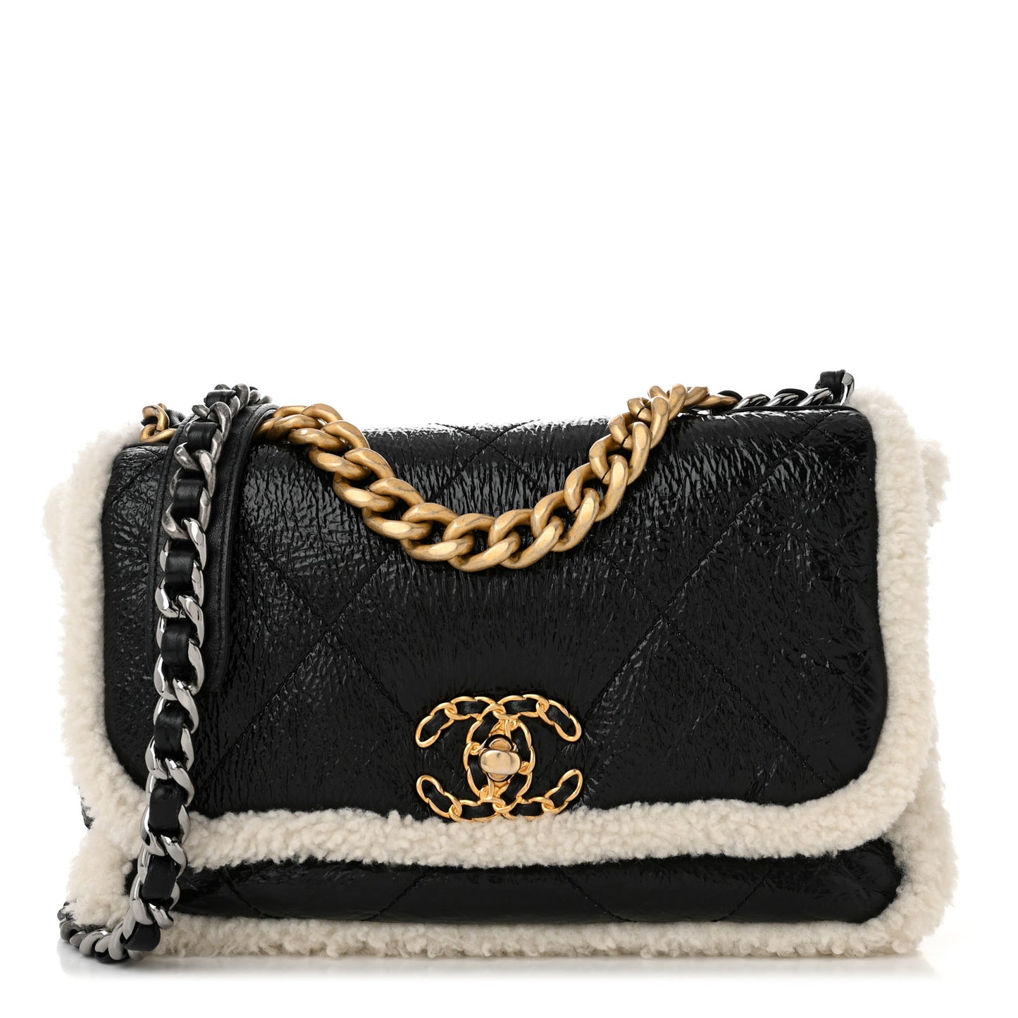 Crumpled Calfskin Shearling Sheepskin Quilted Medium Chanel 19 Flap Black