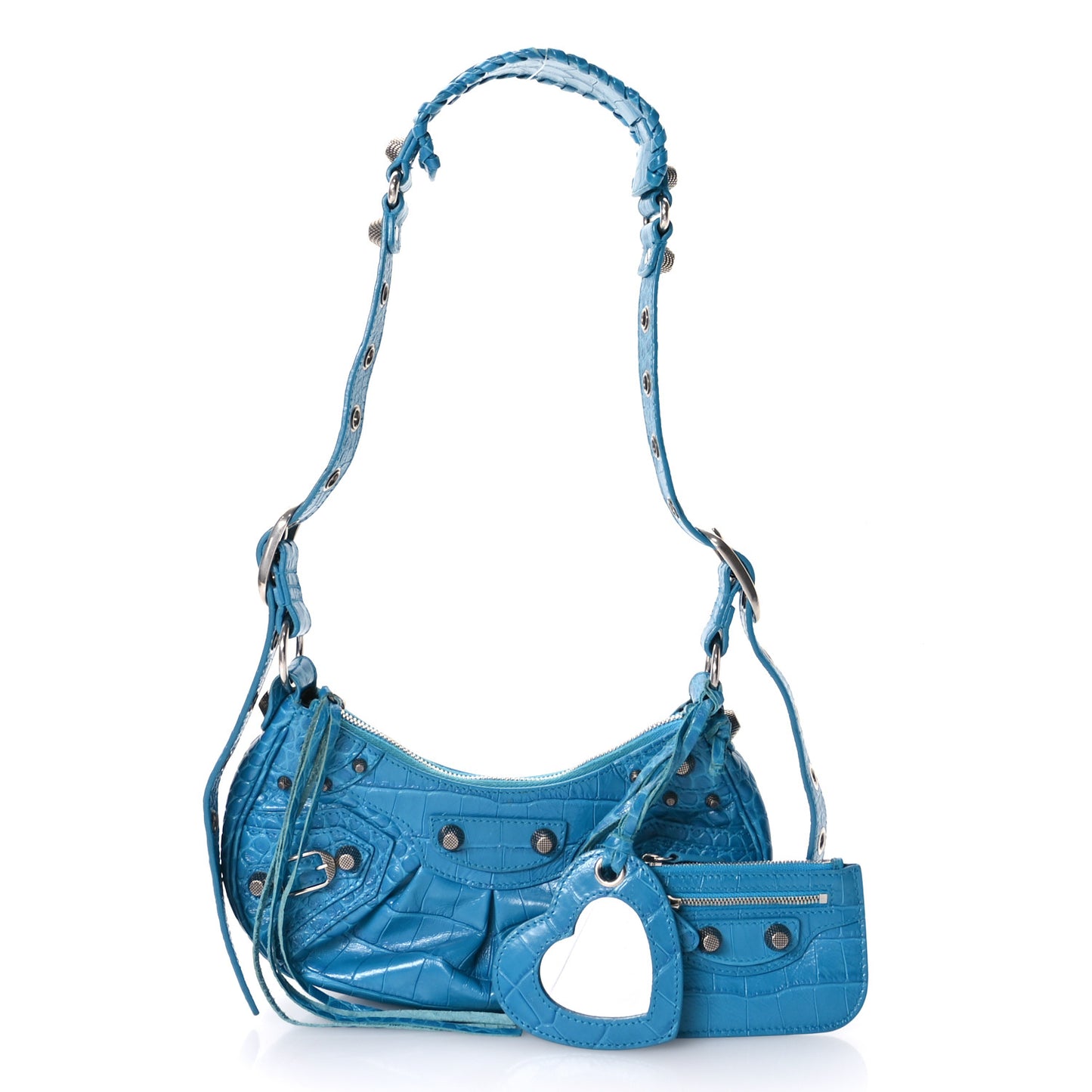 Extra Supple Calfskin Crocodile Embossed Le Cagole Shoulder Bag XS Turquoise