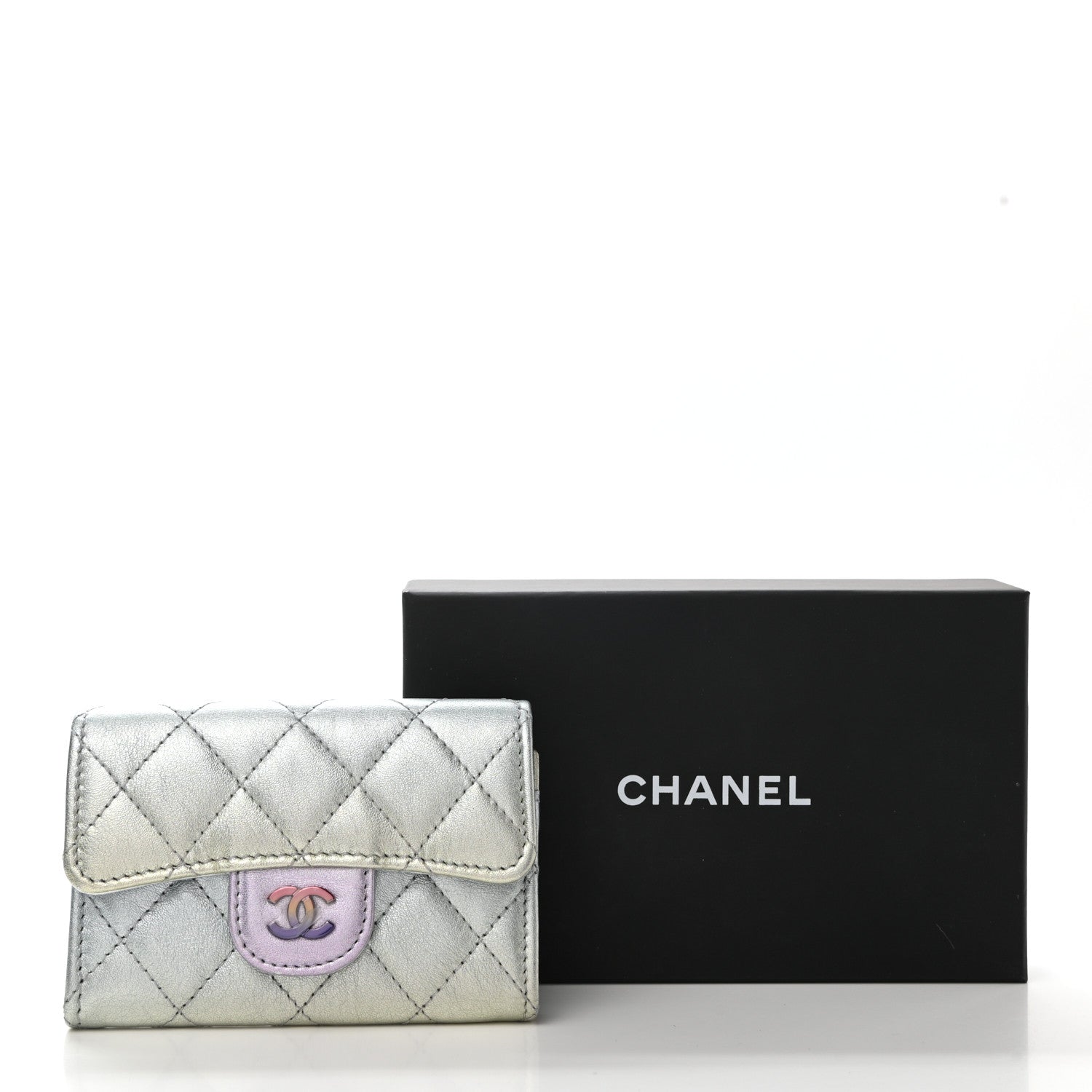 Chanel Gradient Metallic Calfskin Quilted Flap Card Holder Wallet Silver Blue Yellow Purple 8 of 8