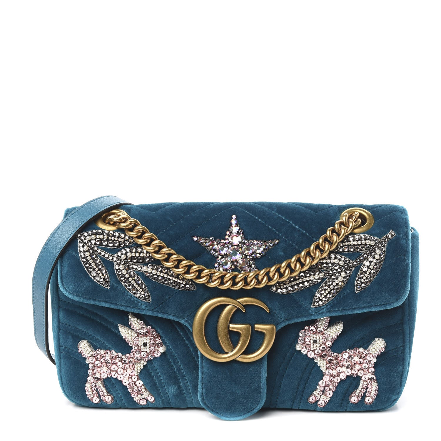 Gucci Velvet Matelasse Embroidered Small GG Marmont Shoulder Bag Pavone Cyan 1 of 12
