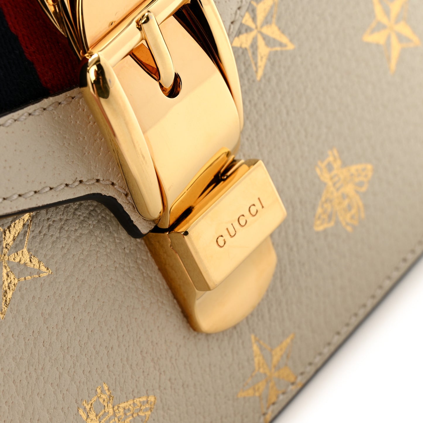 Textured Calfskin Bee Star Print Mini Sylvie Top Handle Bag Mystic White
