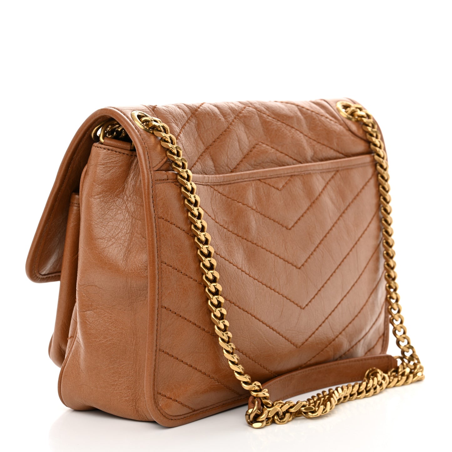 Crinkled Calfskin Matelasse Monogram Medium Niki Chain Satchel Caramel