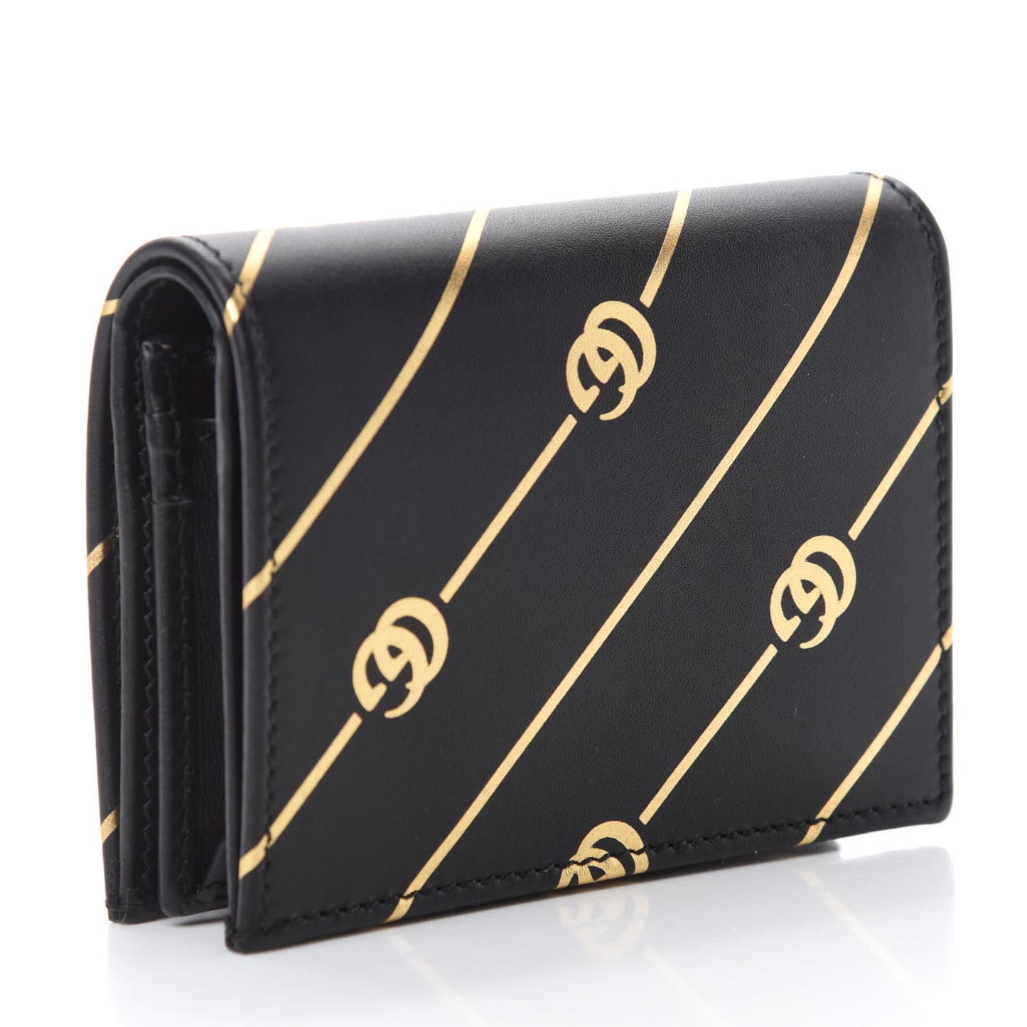 Calfskin Diagonal GG Card Case Black Gold