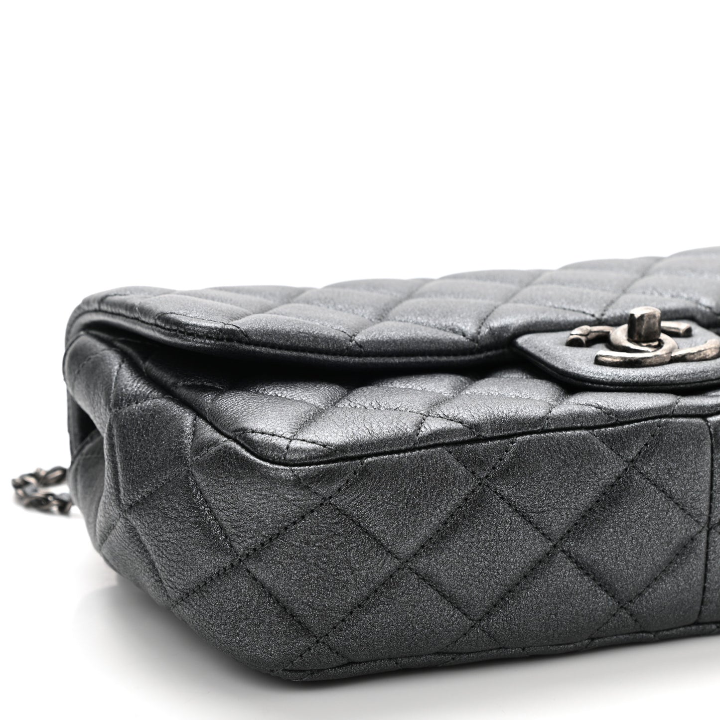 Metallic Calfskin Quilted Medium CC Eyelet Flap Dark Silver