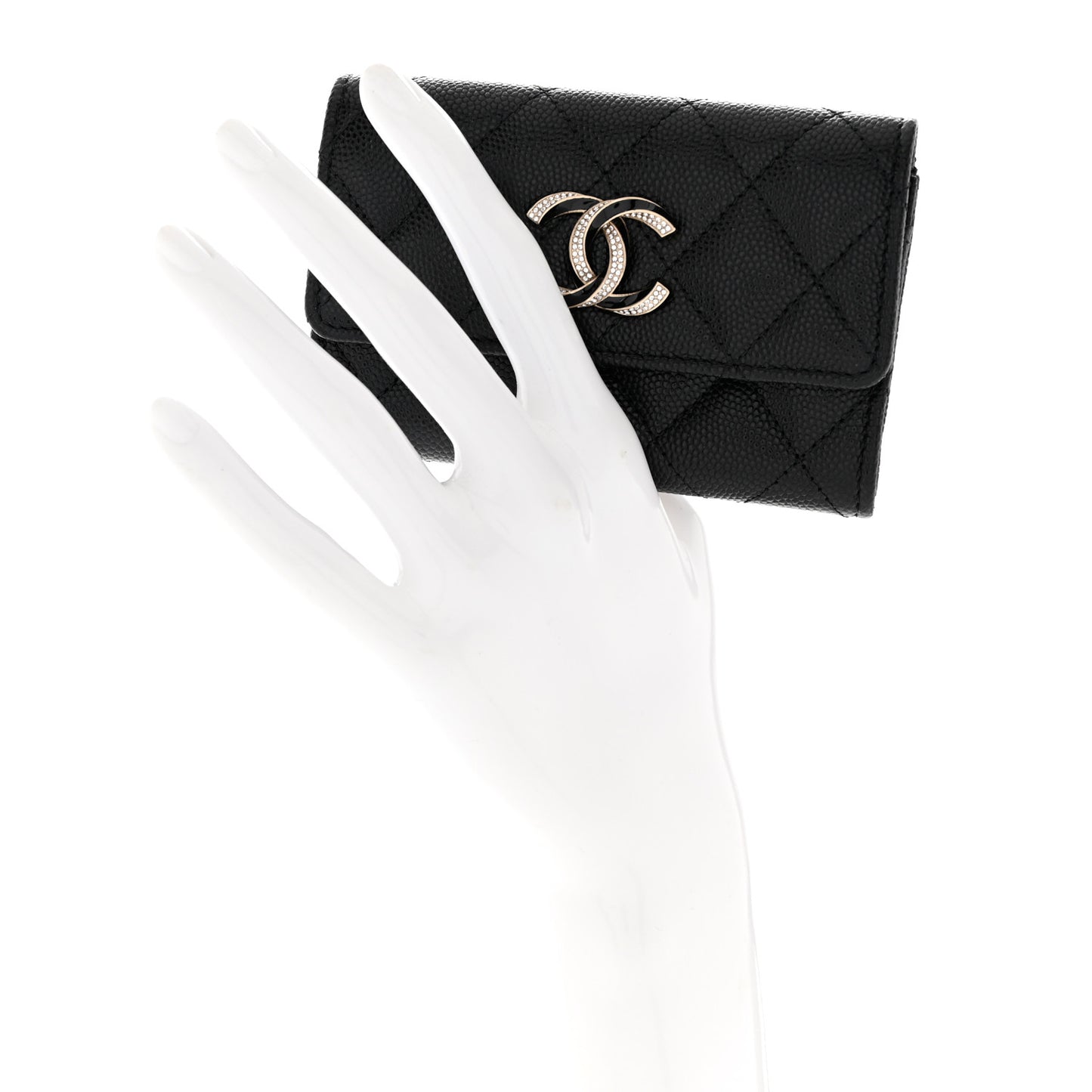 Caviar Quilted Crystal Enamel CC Flap Card Holder Black