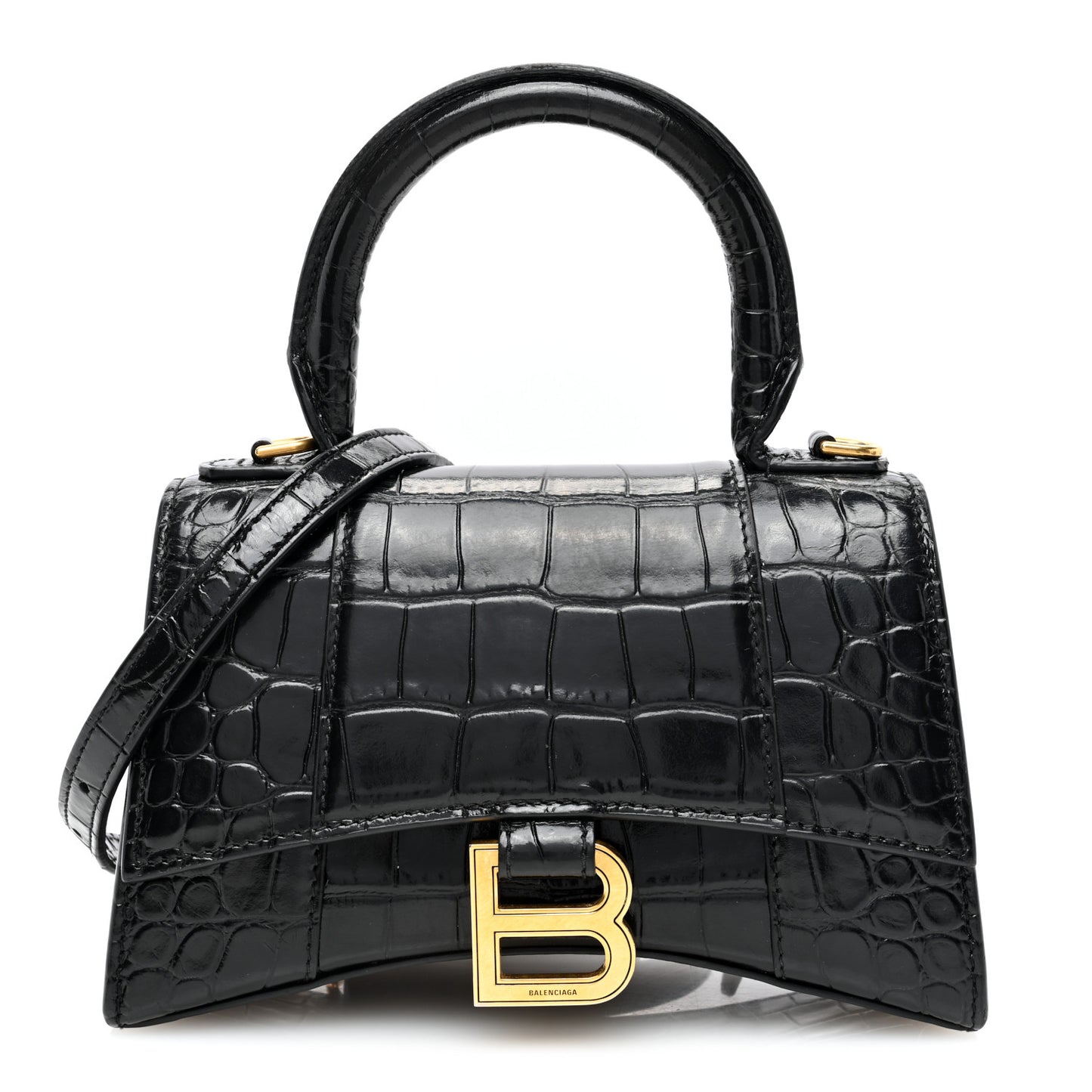 Shiny Calfskin Crocodile Embossed Hourglass Top Handle Bag XS Black