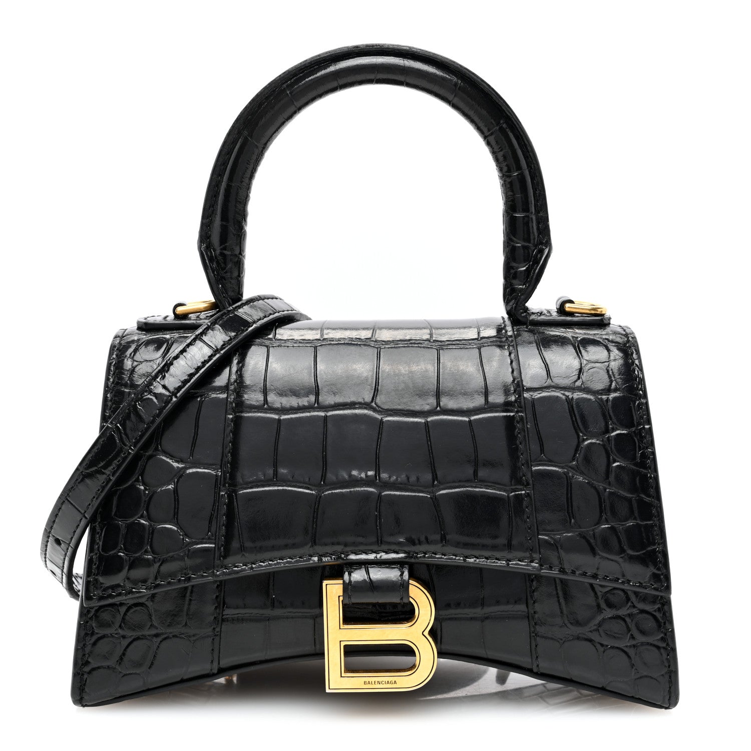 Balenciaga Shiny Calfskin Crocodile Embossed Hourglass Top Handle Bag XS Black 1 of 9