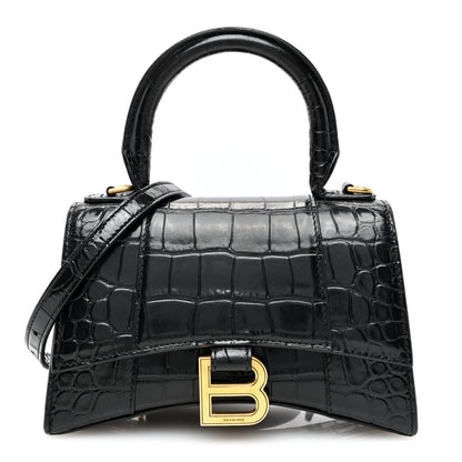 Balenciaga Shiny Calfskin Crocodile Embossed Hourglass Top Handle Bag XS Black 1 of 9