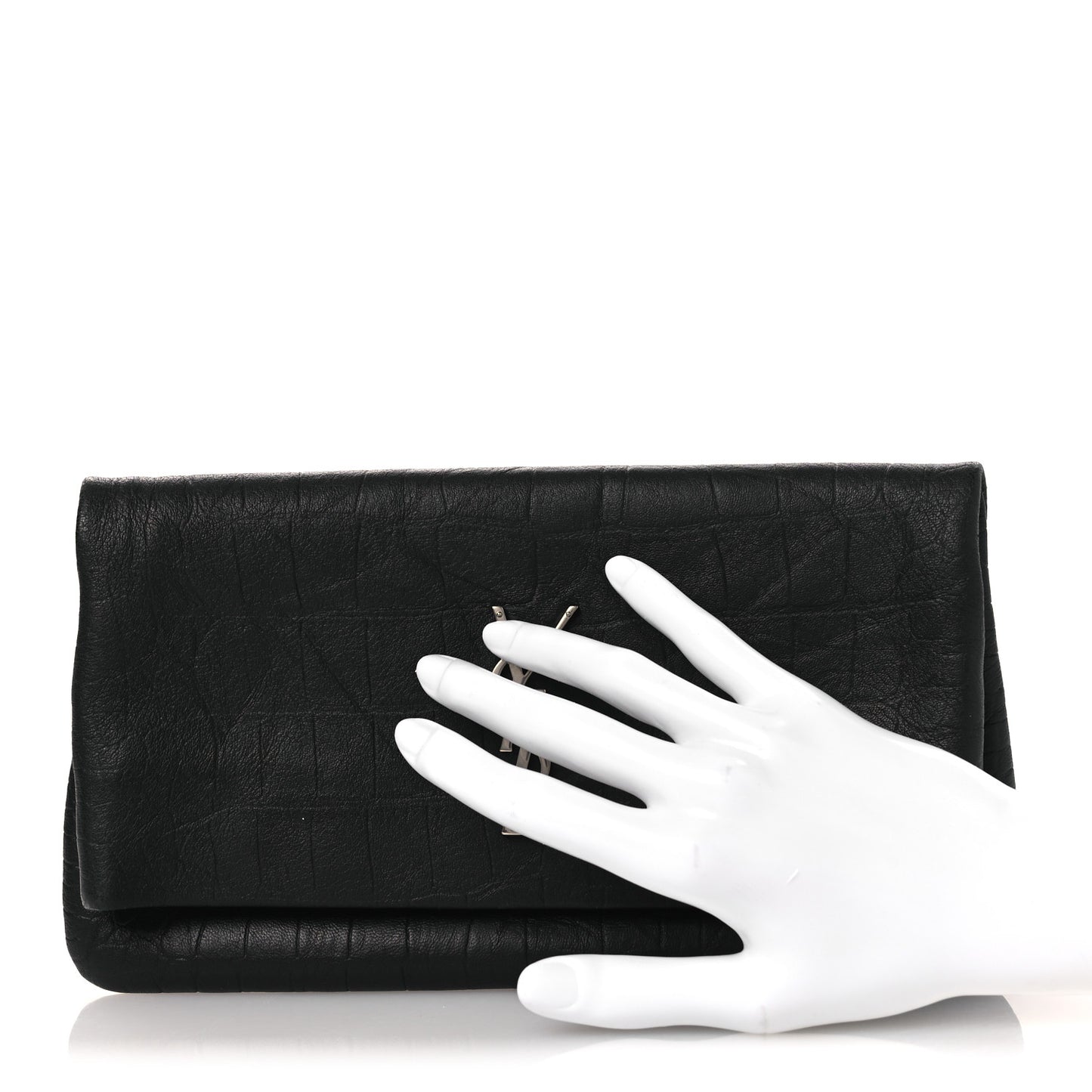 Calfskin Crocodile Embossed West Hollywood Monogram Fold Over Clutch Black