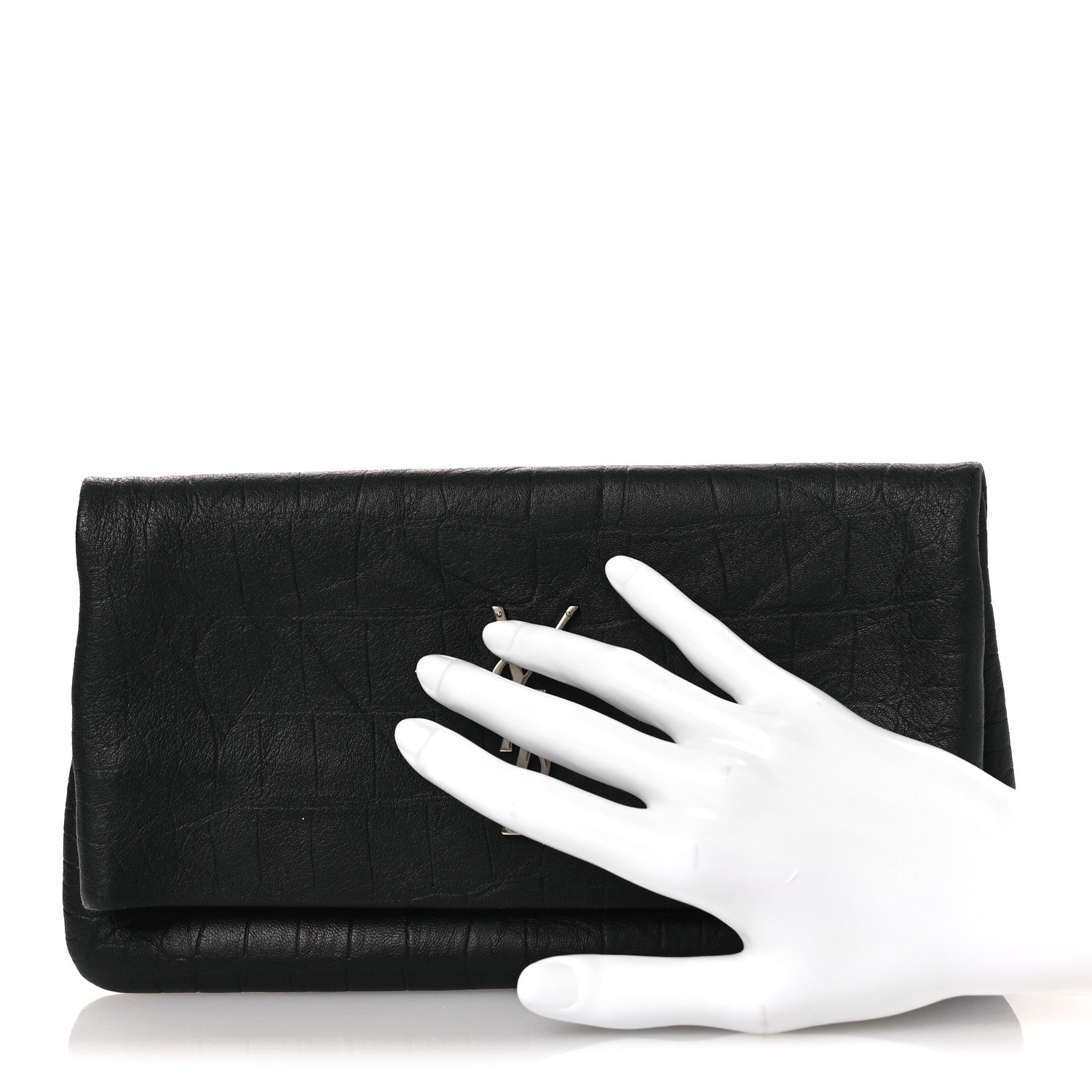 Saint Laurent Calfskin Crocodile Embossed West Hollywood Monogram Fold Over Clutch Black 2 of 8