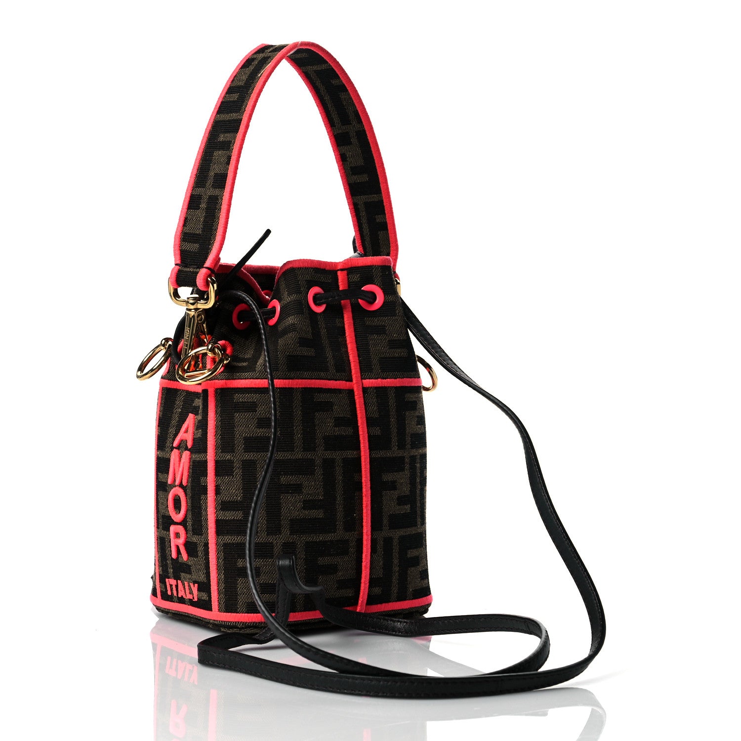 Fendi Fabric Jacquard Shiny Nappa FF 1974 Logo Threaded Edge Mini Mon Tresor Bucket Bag Tobacco Moro Fuxia Fluo 2 of 9