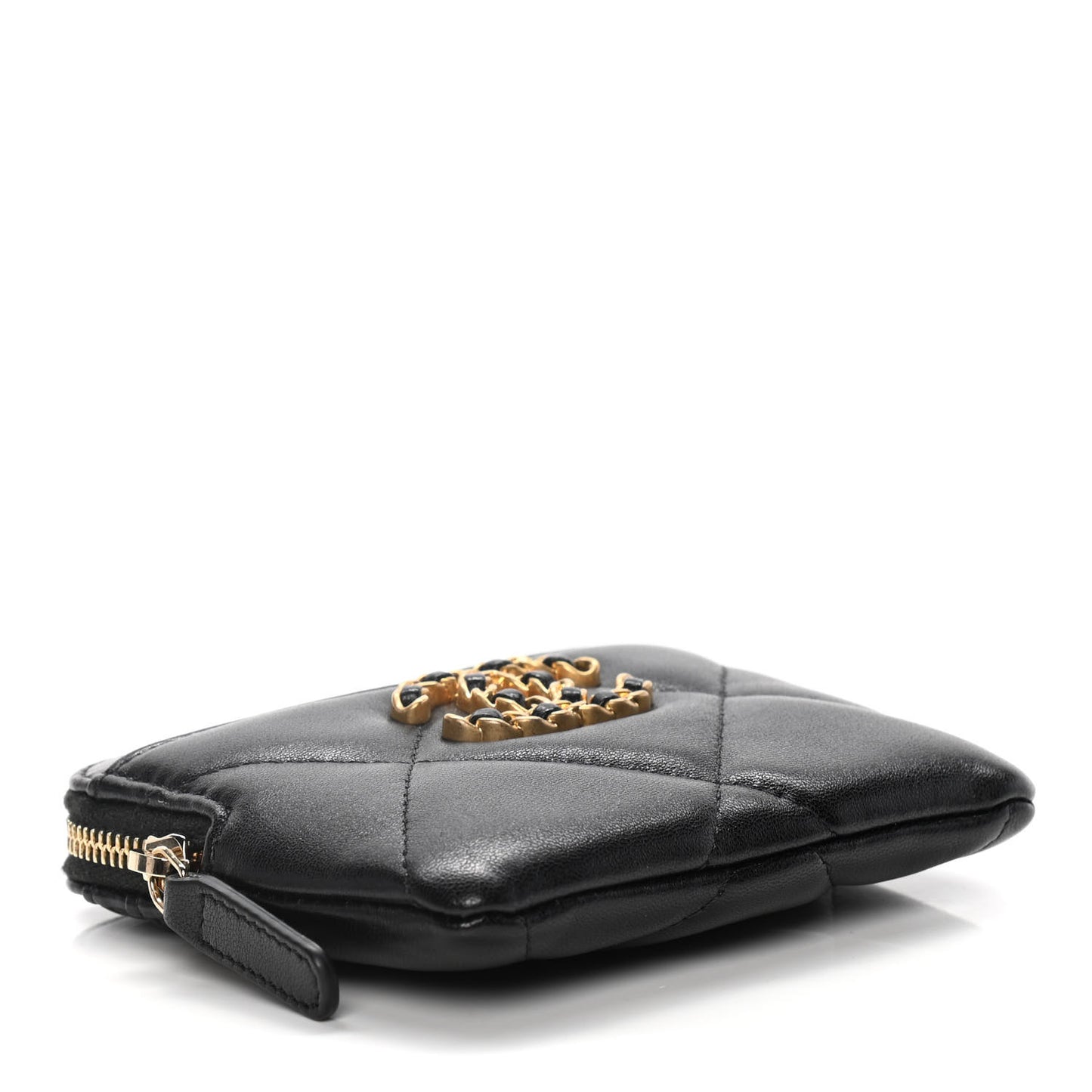 Lambskin Quilted Chanel 19 Zip Card Holder Wallet Black