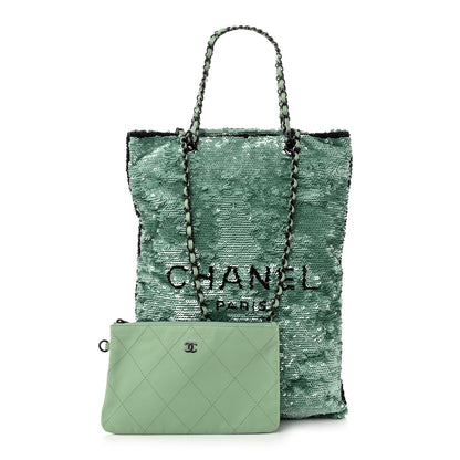 Chanel Sequin Logo Shopping Tote Green Black 3 of 11