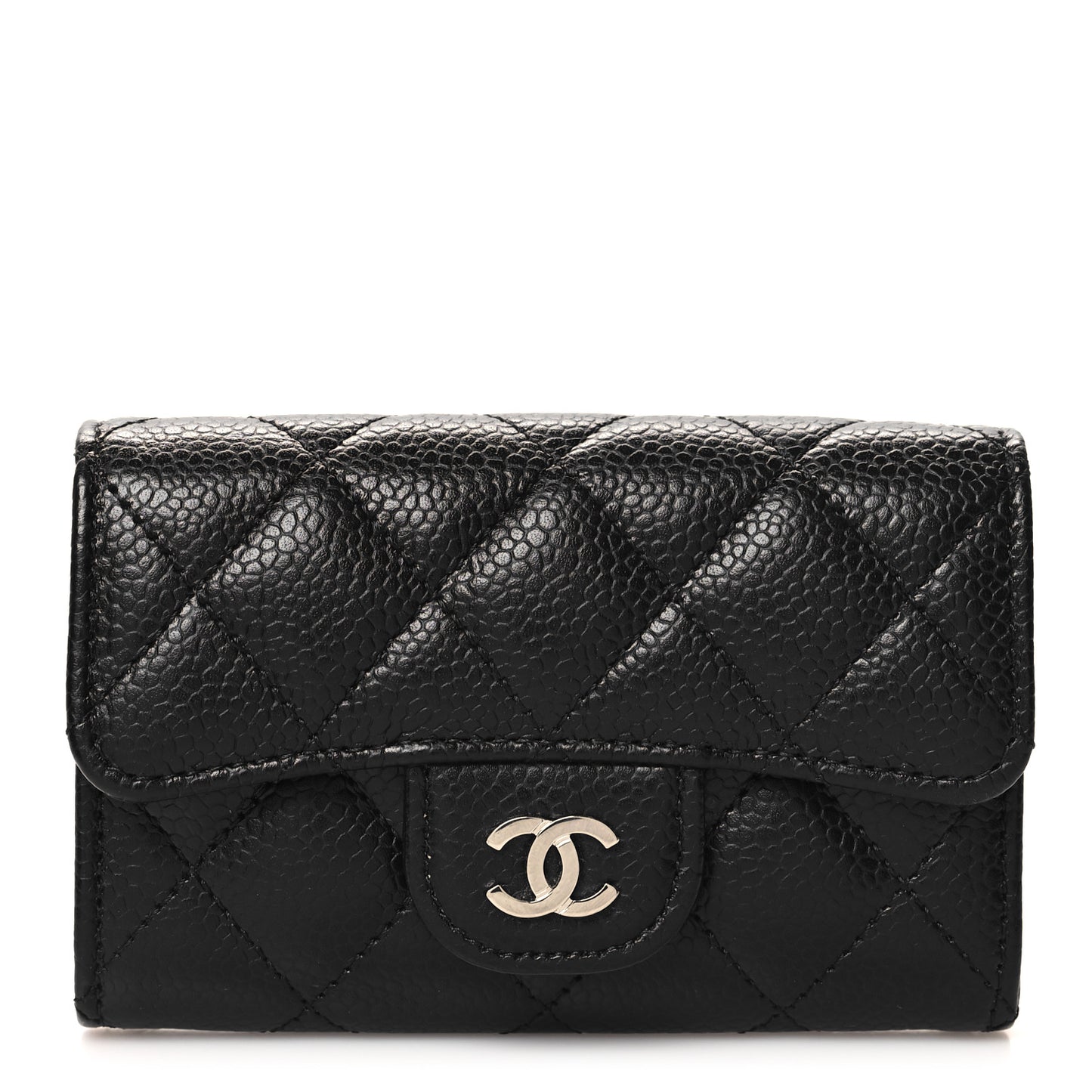 Caviar Quilted Flap Card Holder Wallet Black