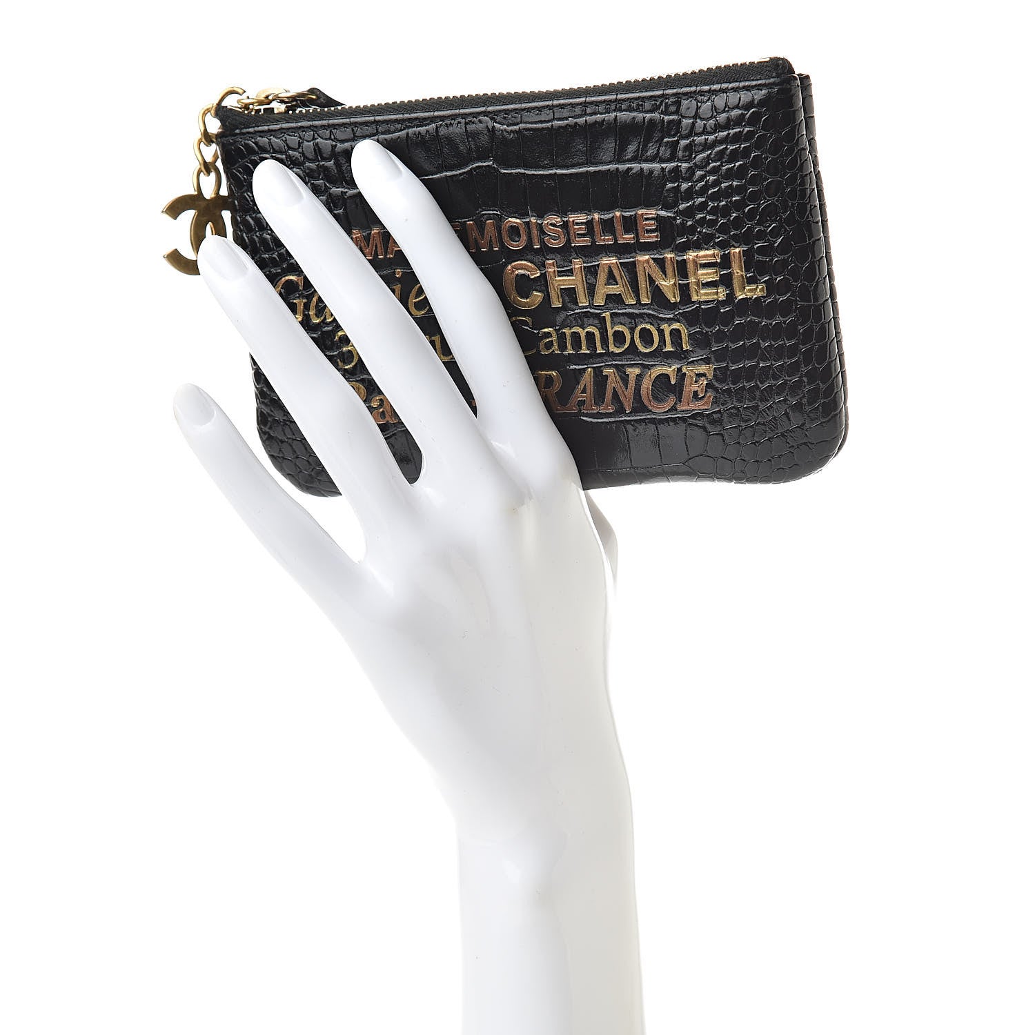 Chanel Calfskin Crocodile Embossed Cocodile Cosmetic Case Black Gold 2 of 7