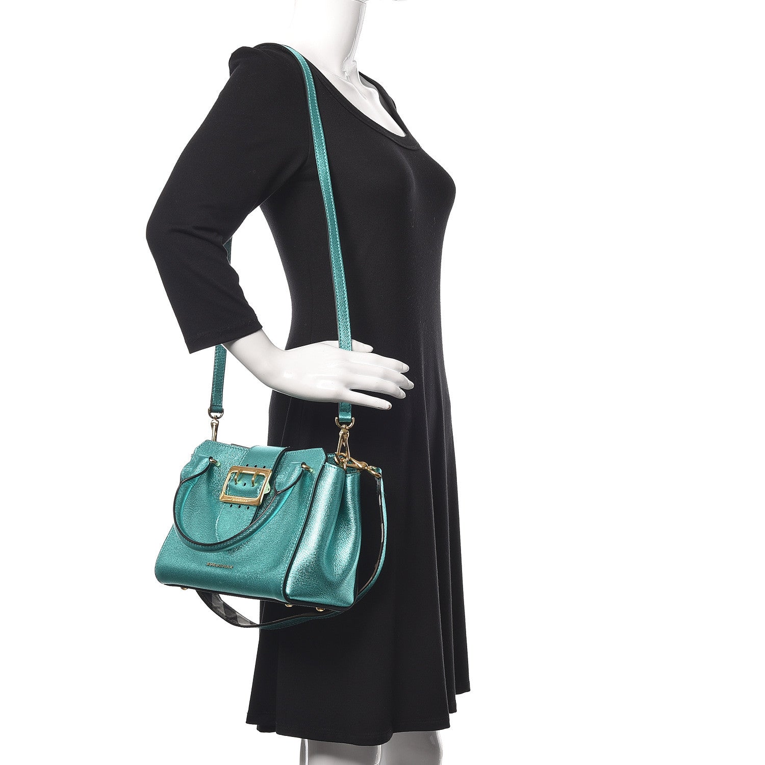 Burberry Metallic Soft Grain Calfskin Small Buckle Tote Emerald 2 of 12