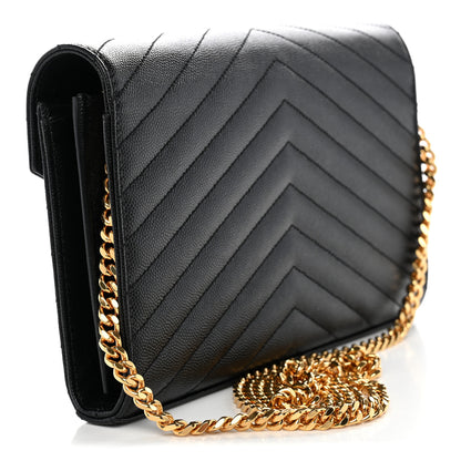 Saint Laurent Grain De Poudre Matelasse Chevron Monogram Chain Wallet Black 3 of 11