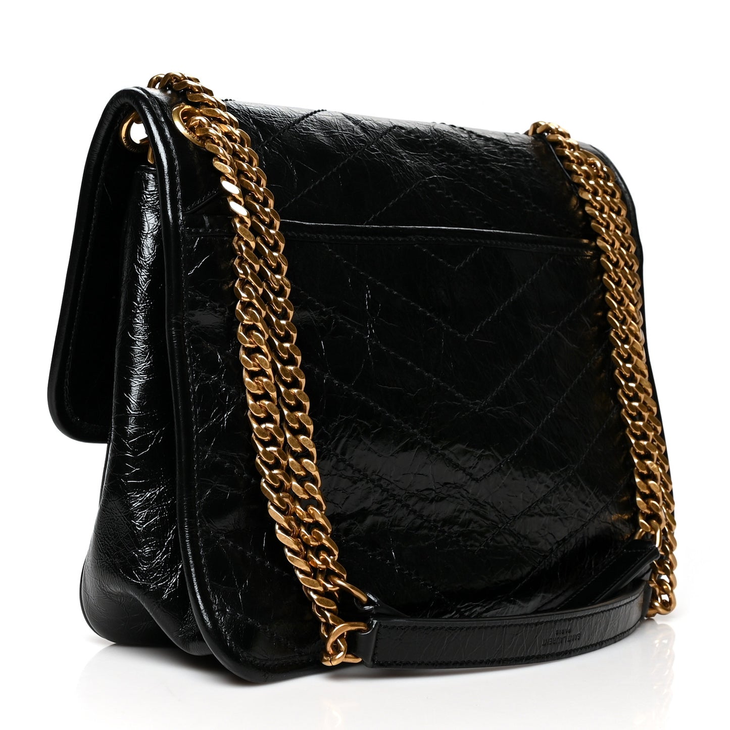 Crinkled Calfskin Matelasse Monogram Medium Niki Chain Satchel Black