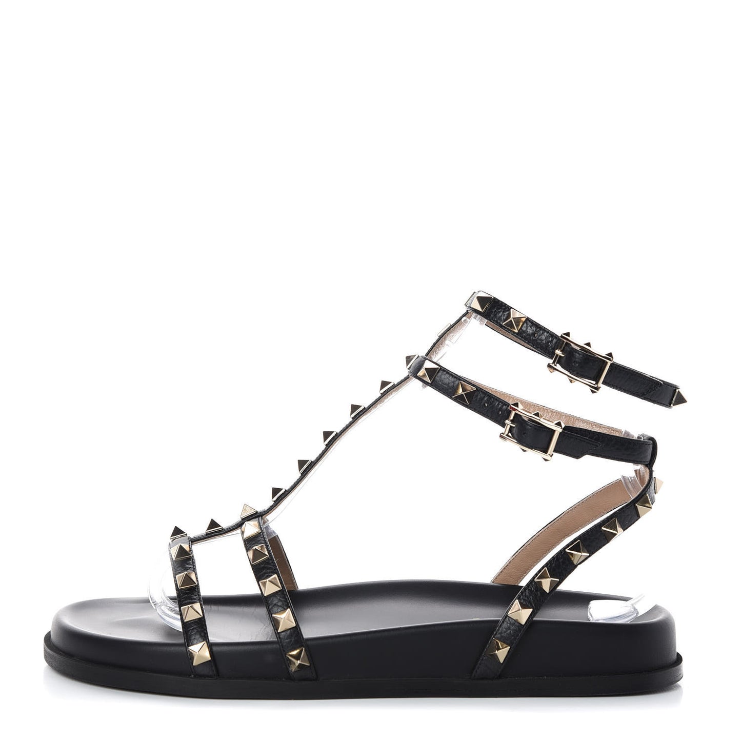Calfskin Bedrock Rockstud Ankle Flat Sandals 38.5 Black