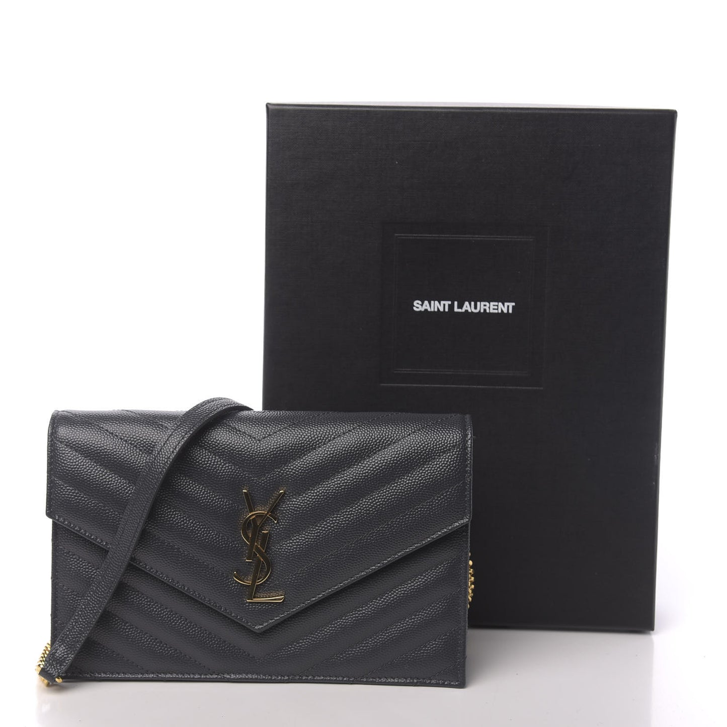 Grain De Poudre Matelasse Chevron Monogram Envelope Chain Wallet Dark Smog