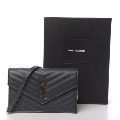 Saint Laurent Grain De Poudre Matelasse Chevron Monogram Envelope Chain Wallet Dark Smog 12 of 12