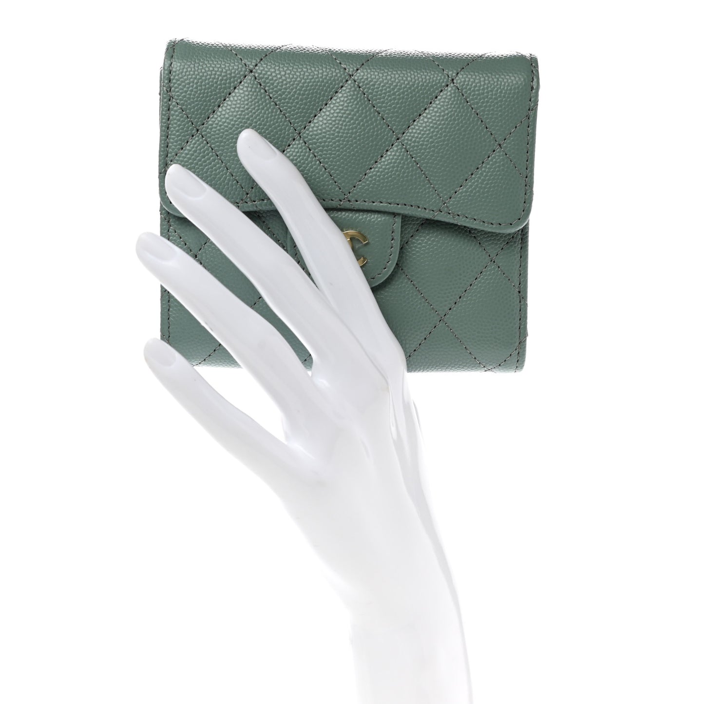 Metallic Caviar Quilted Compact Flap Wallet Dark Green