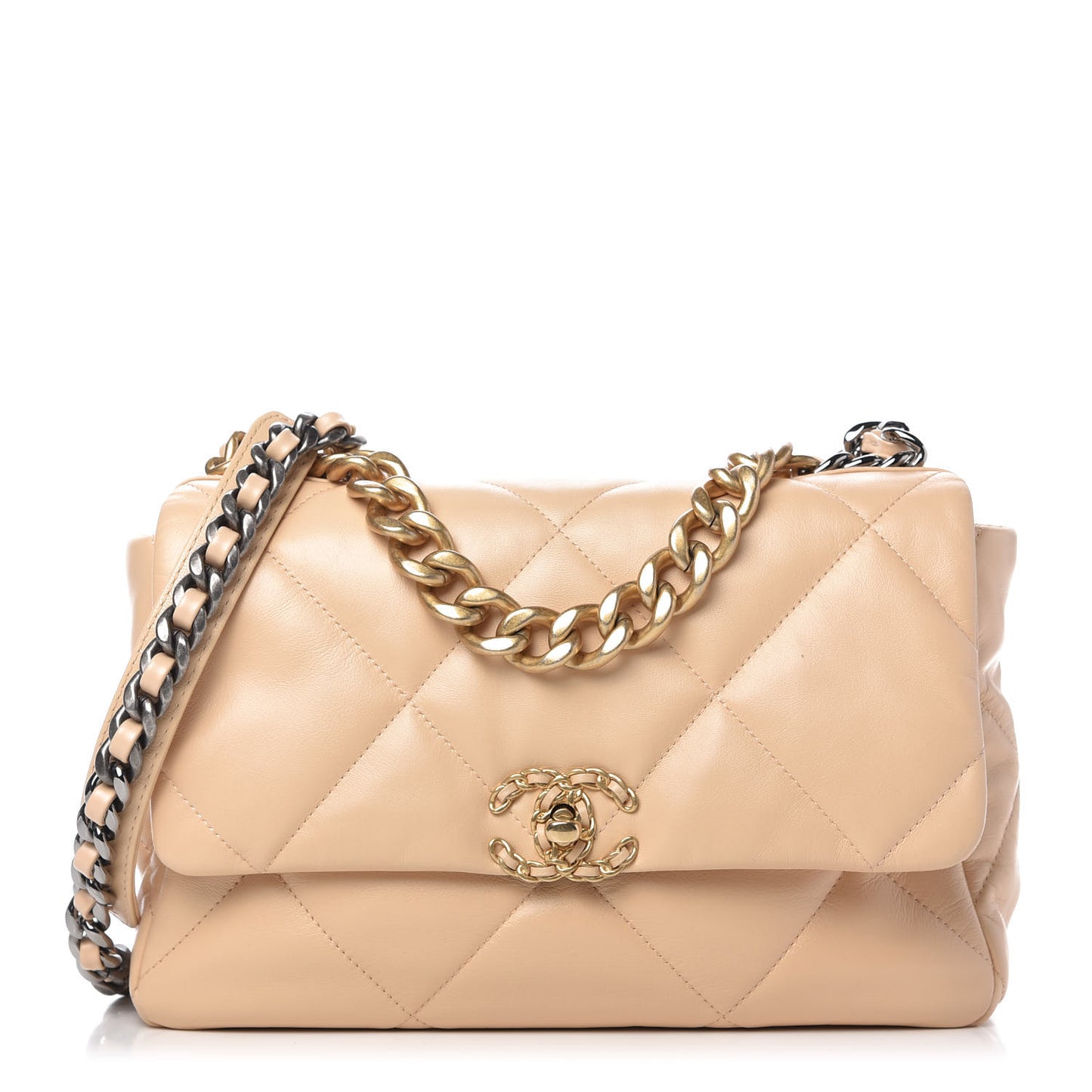 Shiny Goatskin Quilted Large Chanel 19 Flap Beige