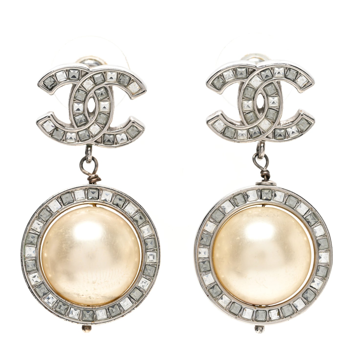 Baguette Crystal CC Pearl Drop Art Decoco Earrings Silver