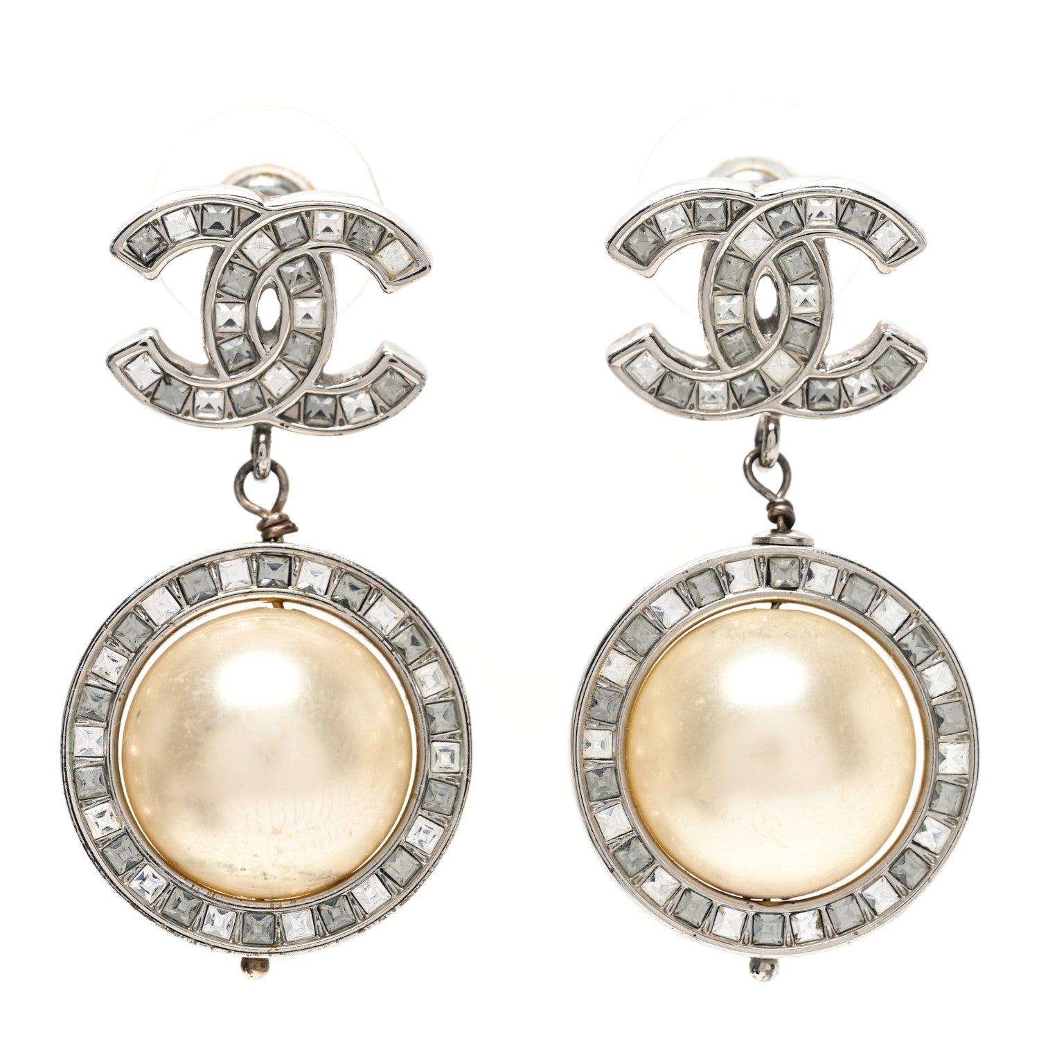 Chanel Baguette Crystal CC Pearl Drop Art Decoco Earrings Silver 1 of 4