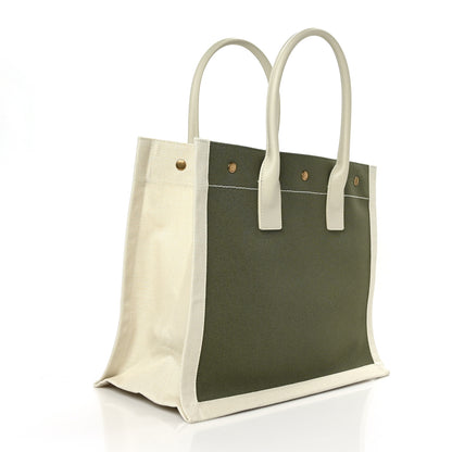Saint Laurent Linen Calfskin Small Rive Gauche Tote Military Green Blanc Vintage 3 of 8
